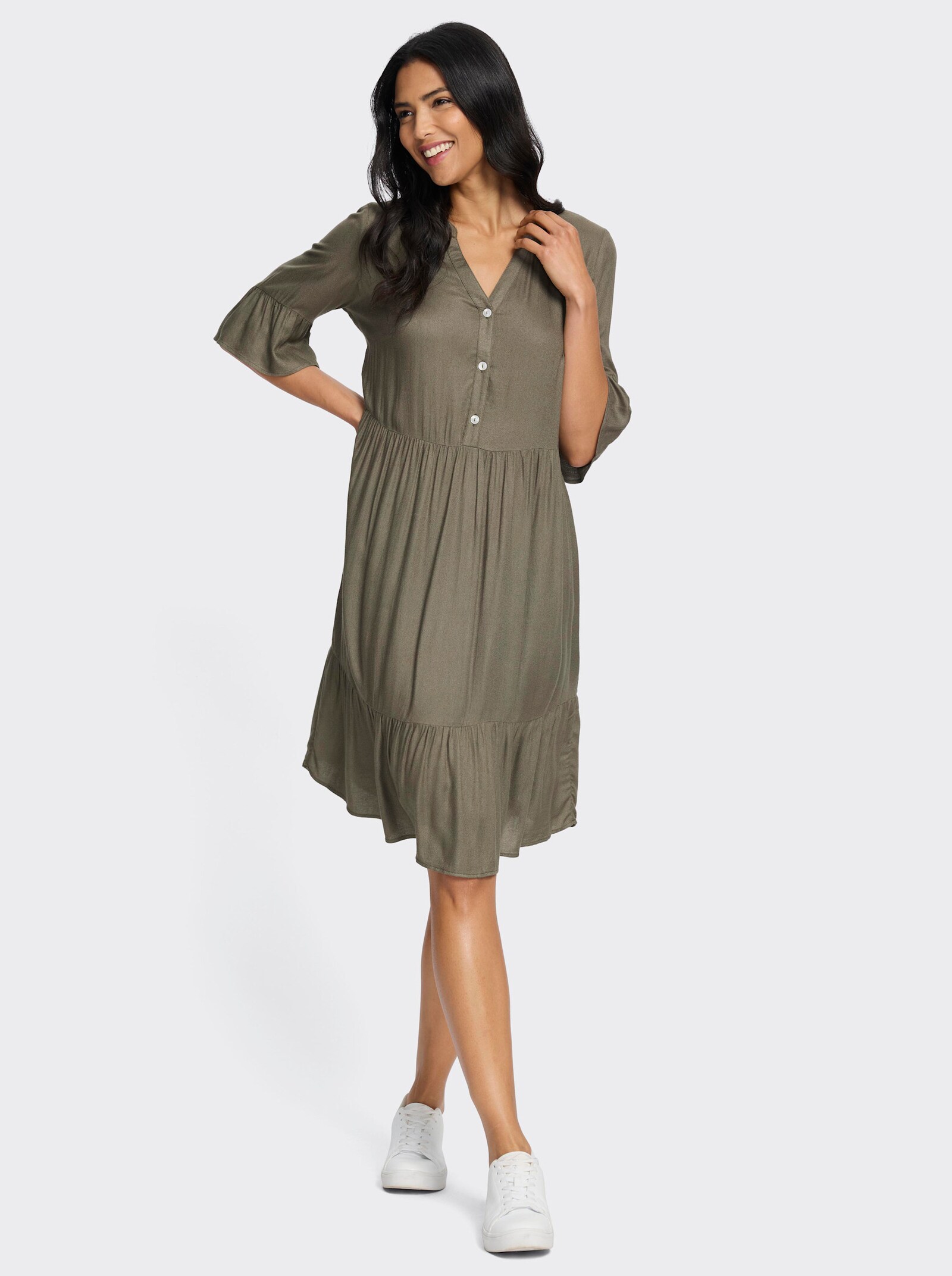 Tunikakleid in Stufenform, reine Viskose - khaki
