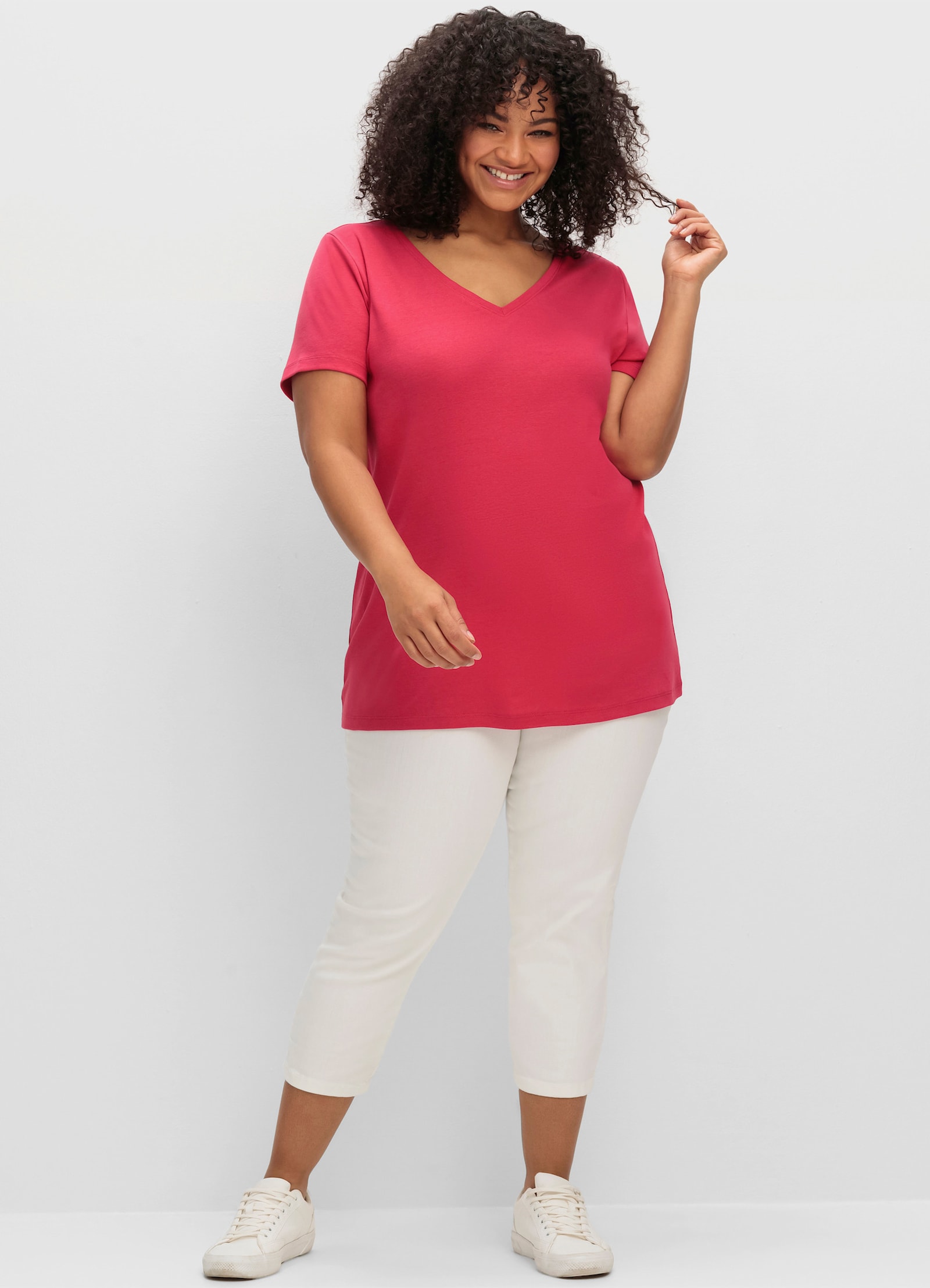 sheego T-shirt met V-hals, ribmateriaal - magenta