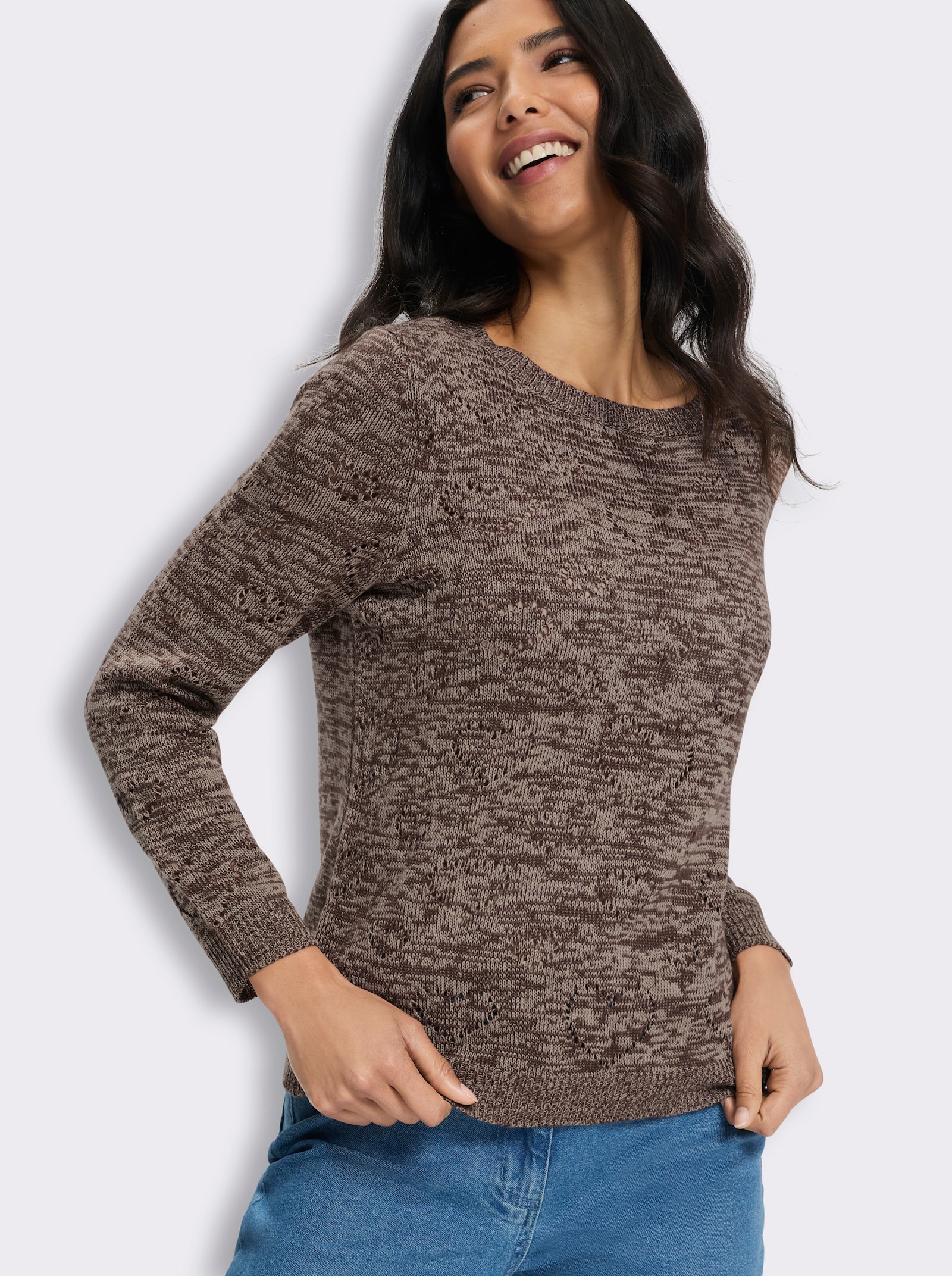 Ajourpullover mit Herzchen - schoko-sesam-meliert