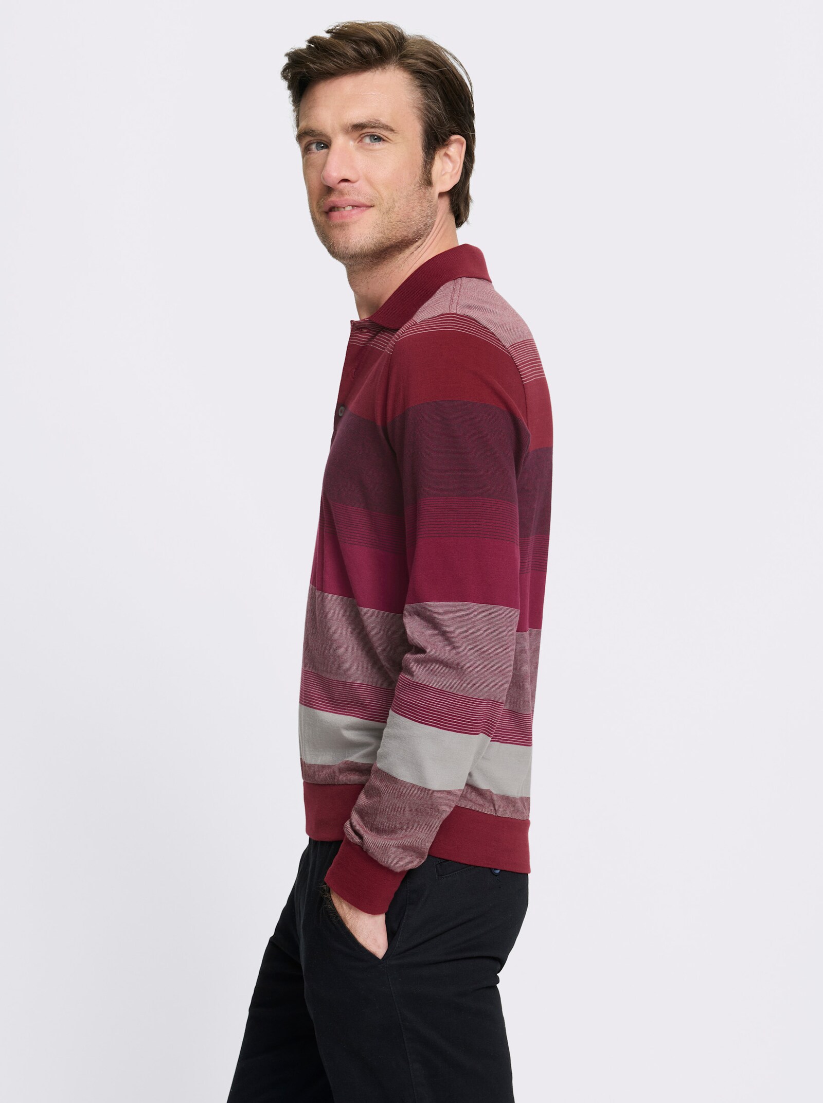 Marco Donati Langarm-Poloshirt , hochwertig garngefärbt - dunkelrot-steingrau-gestreift