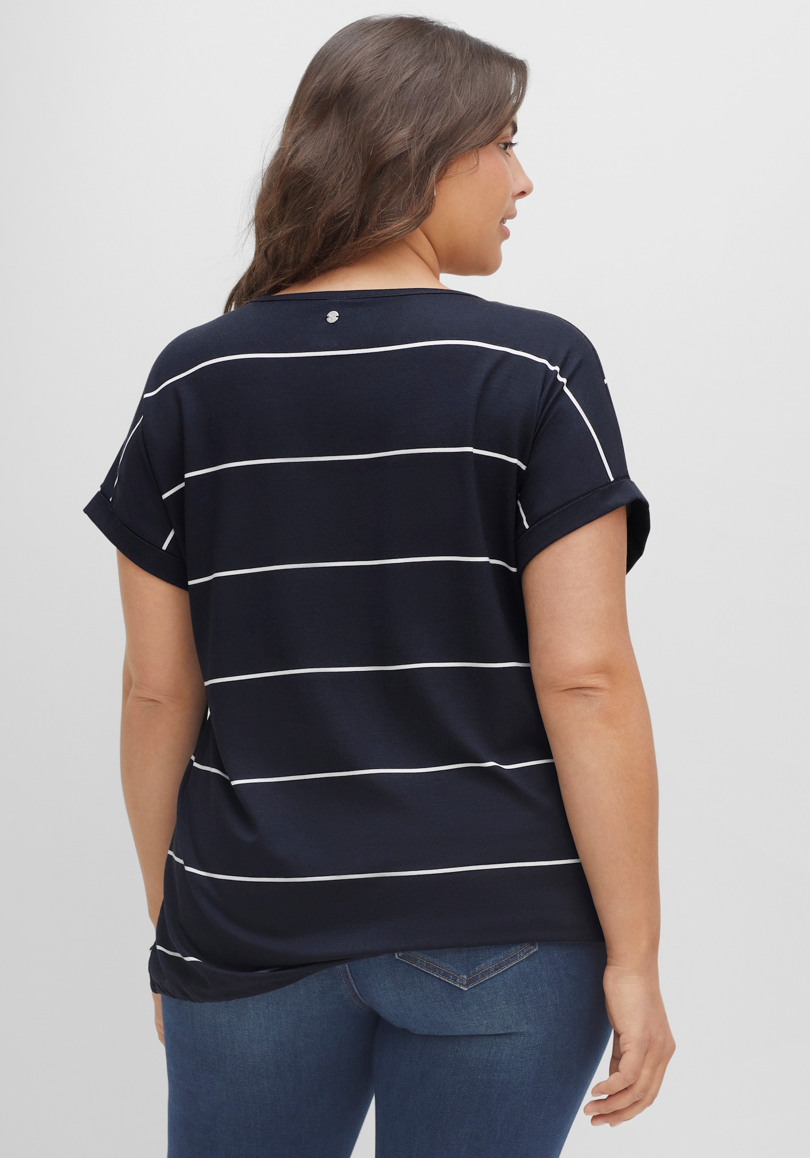 sheego Gestreept shirt met bindstrik aan de zoom - nachtblauw/wit