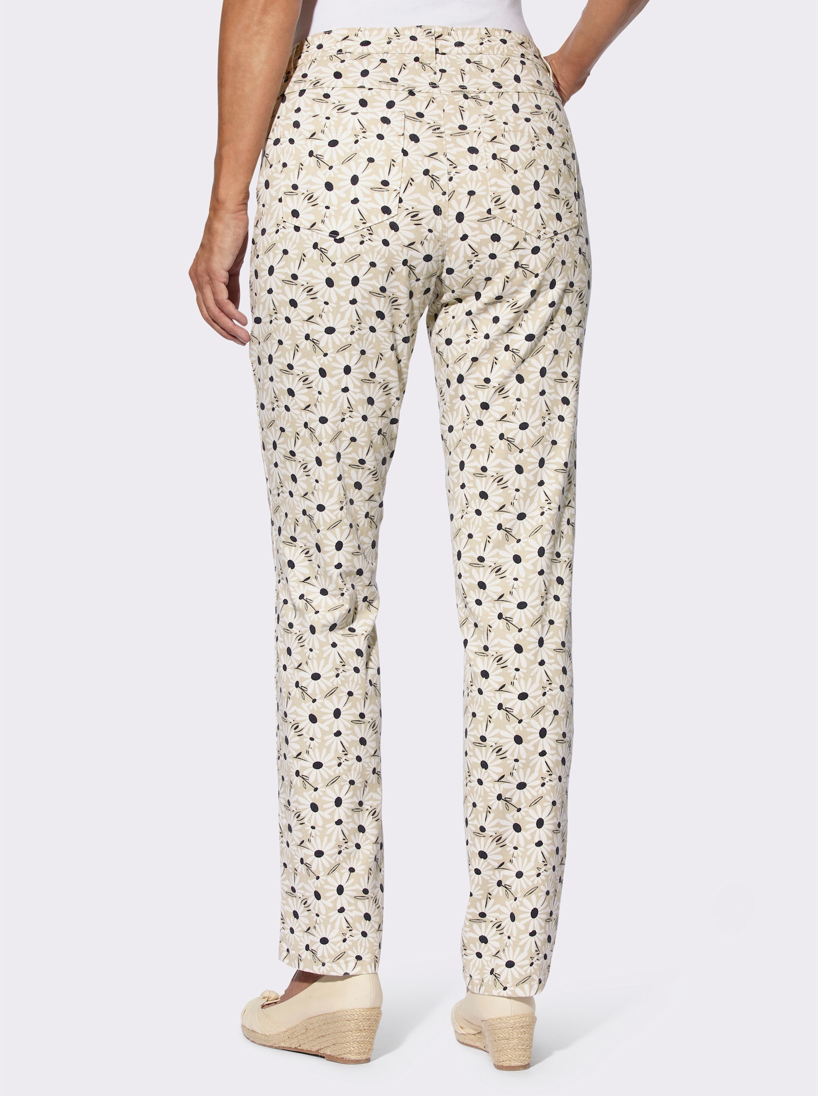 Stretchbroek met bloemenprint - zand/donkerblauw bedrukt