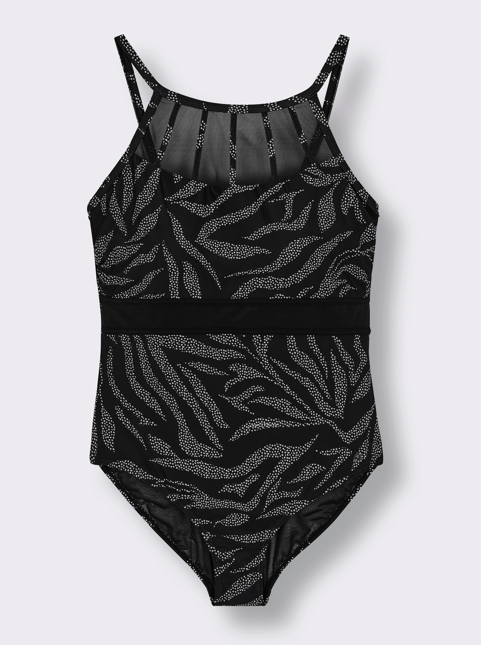 sheego Badeanzug mit Mesh-Einsatz und Shaping-Effekt - schwarz-weiß-bedruckt