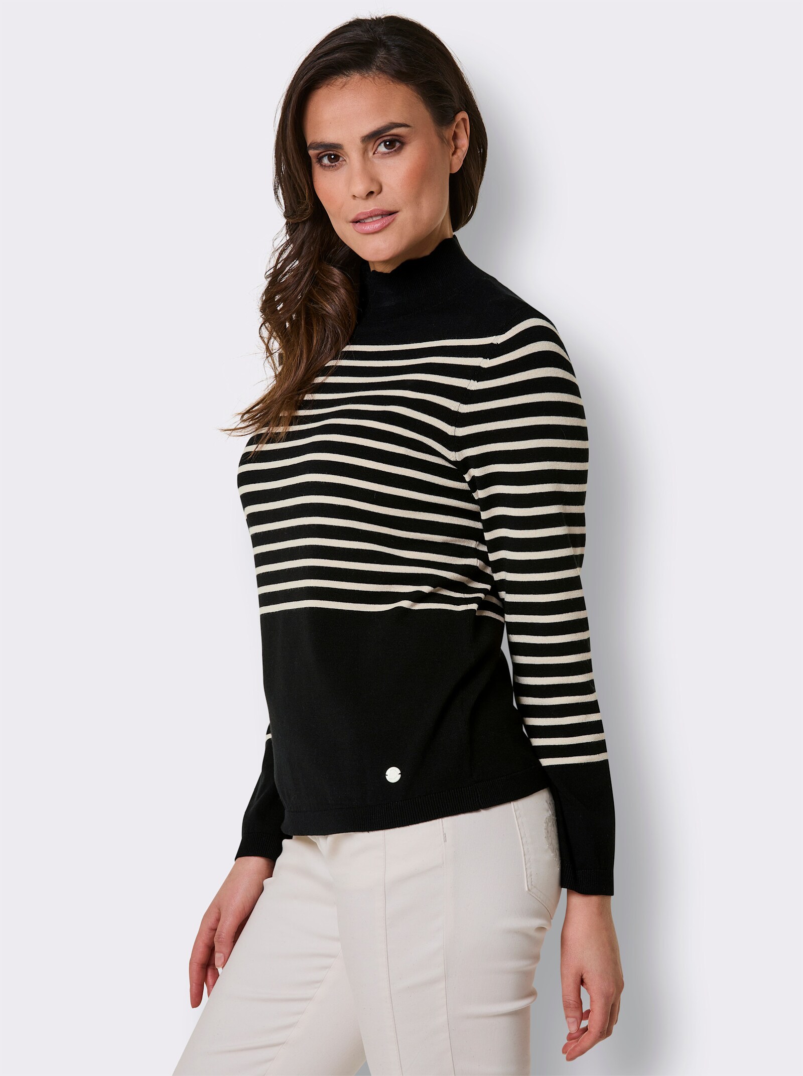 CREATION L PREMIUM Feinstrickpullover mit Wellenkante - schwarz-elfenbein-geringelt