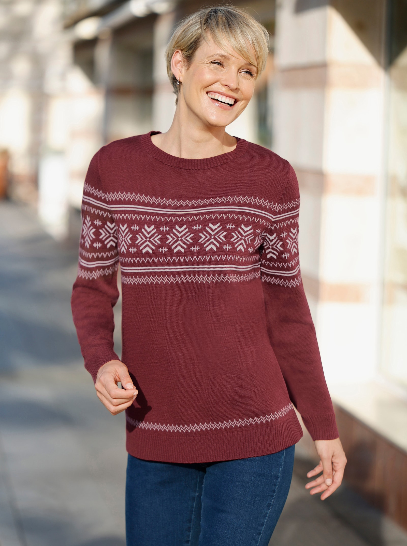 Langarm-Pullover mit Jacquardmuster - dunkelrot-ecru
