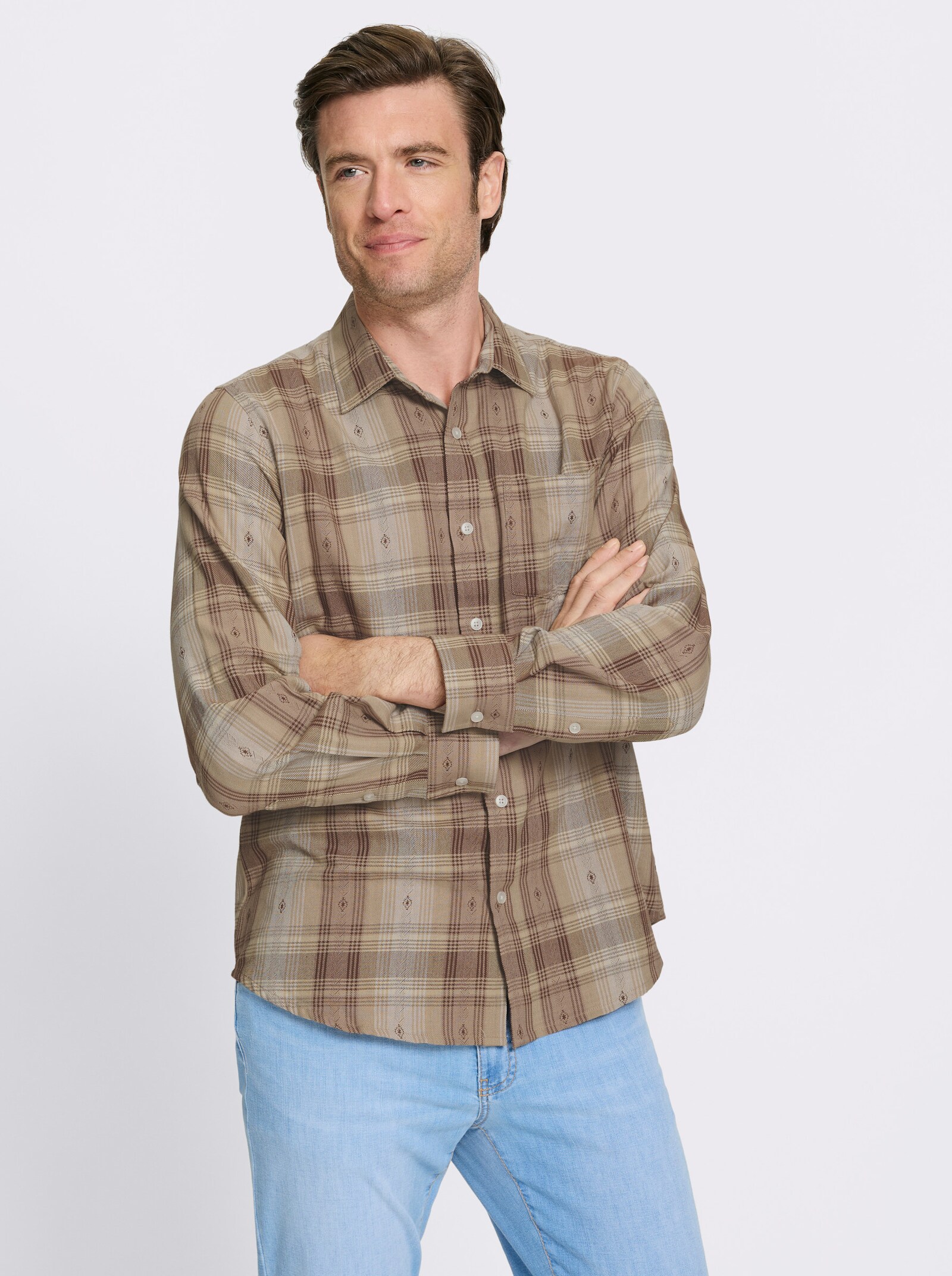 Catamaran Langarmhemd mit Tracht-Elementen - beige-kariert