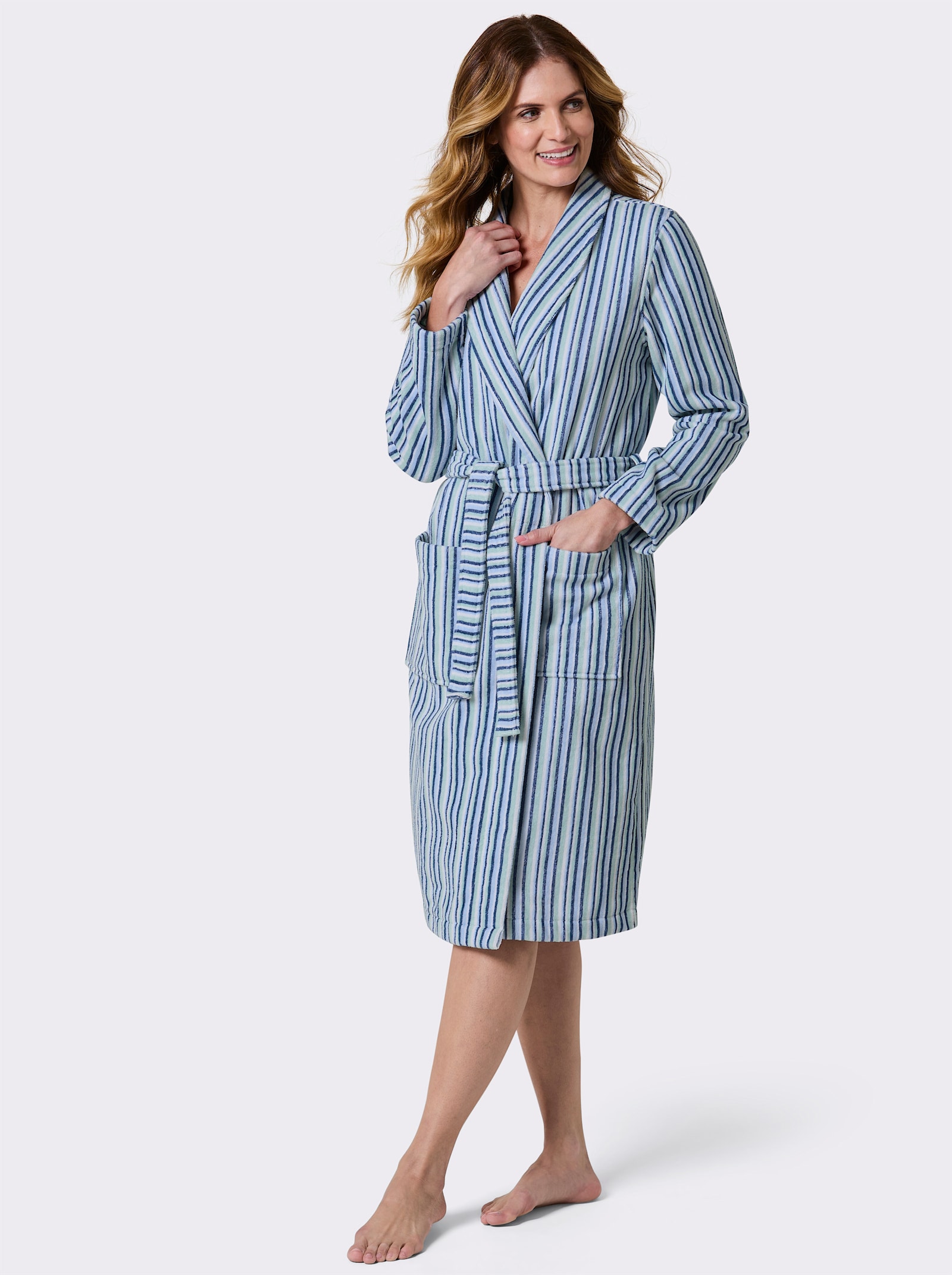 feel good Damenbademantel mit Längsstreifen - kalkmint-jeansblau-gestreift