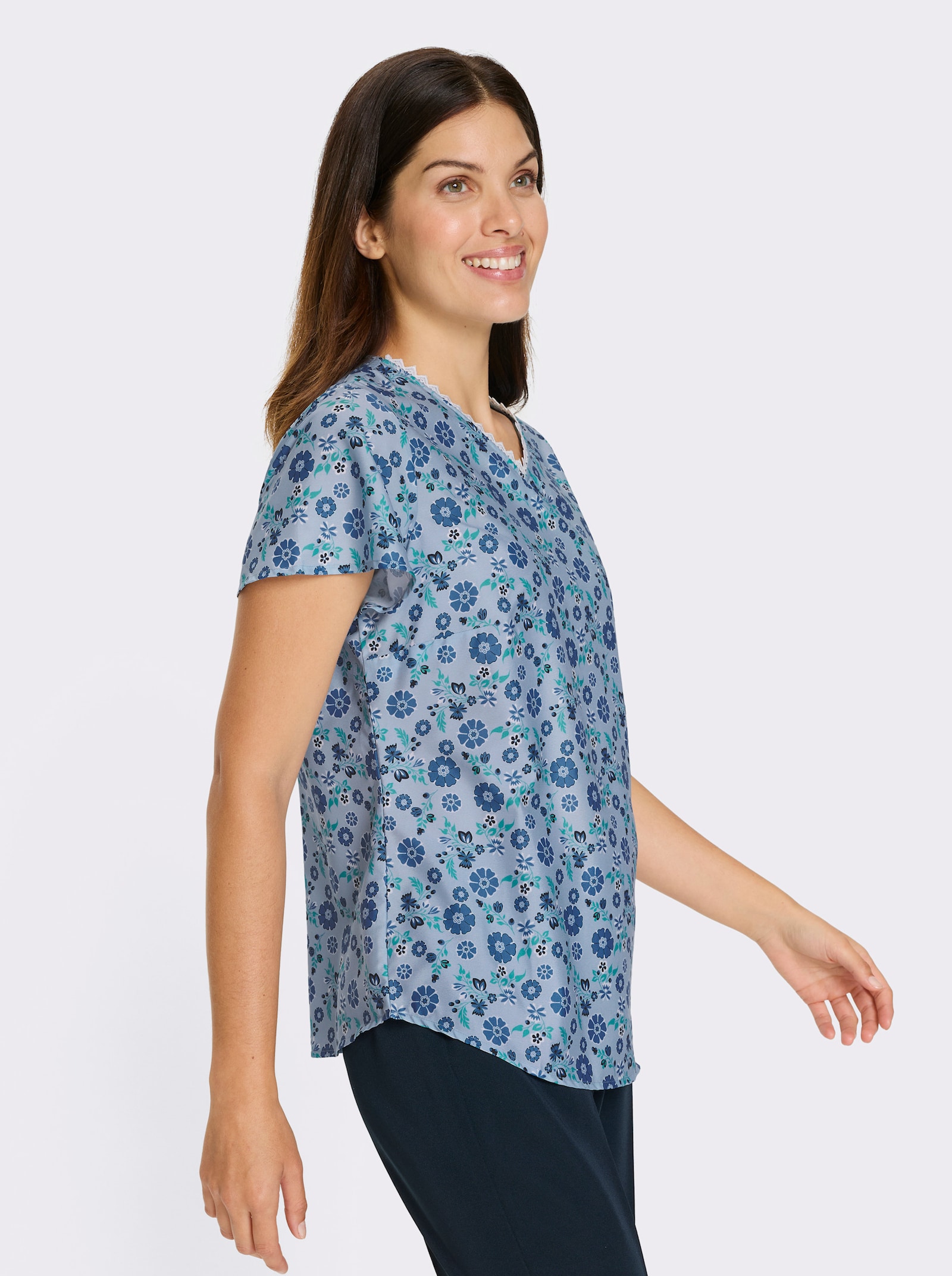 Navlékací halenka s balonkovými rukávy - ledová modrá-námořnická modrá-potisk