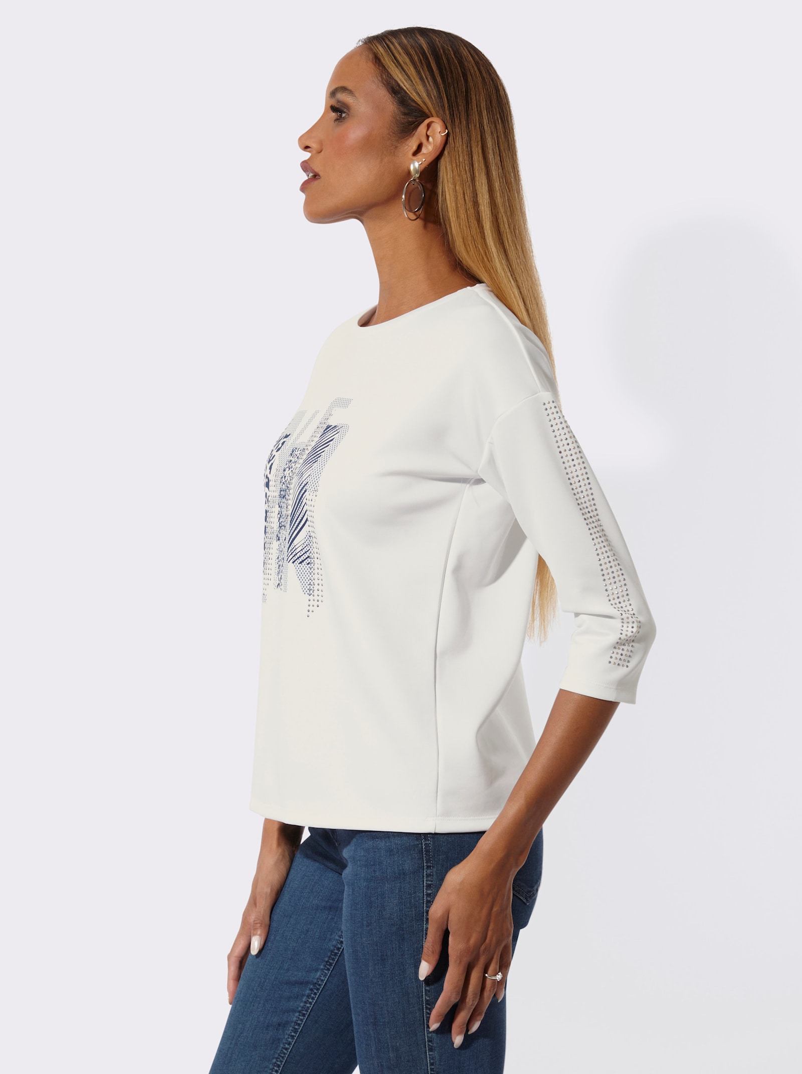 Sweatshirt mit Ziersteinchen - ecru-marine-bedruckt