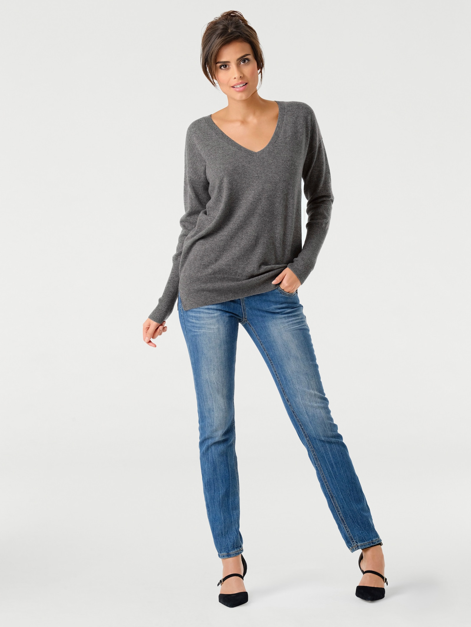 heine Kaschmirpullover mit V-Ausschnitt - grau-melange