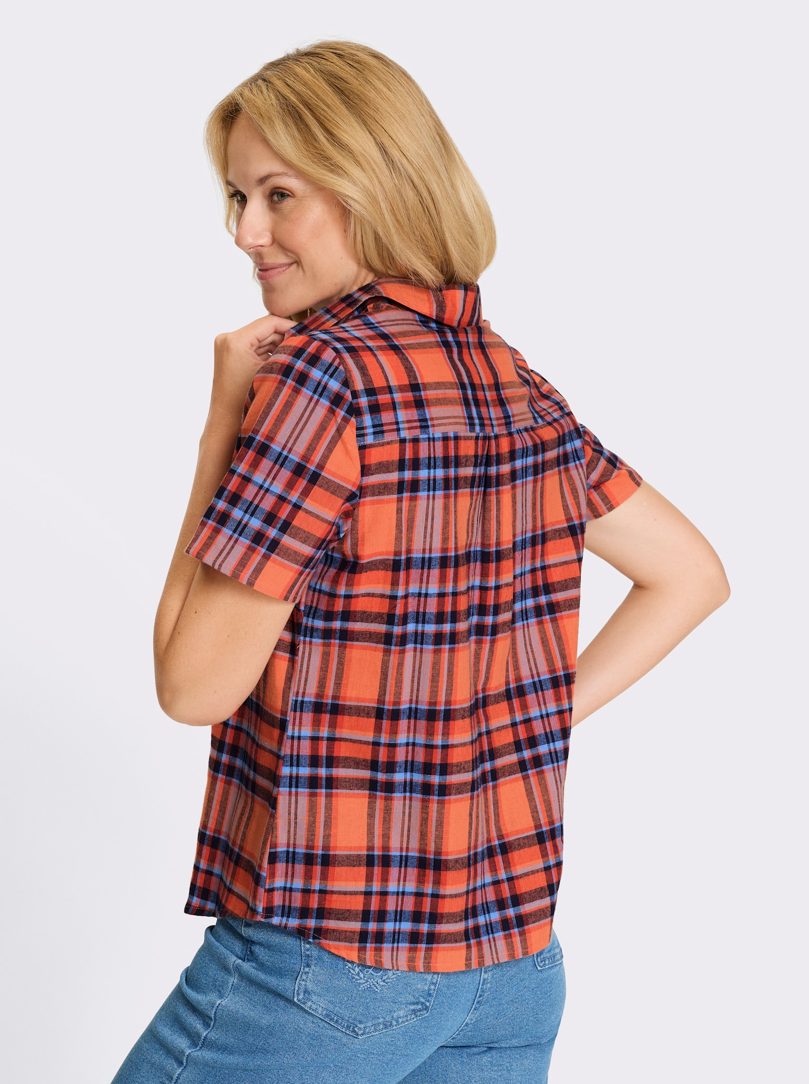 Karobluse aus reiner Baumwolle - papaya-himmelblau-kariert