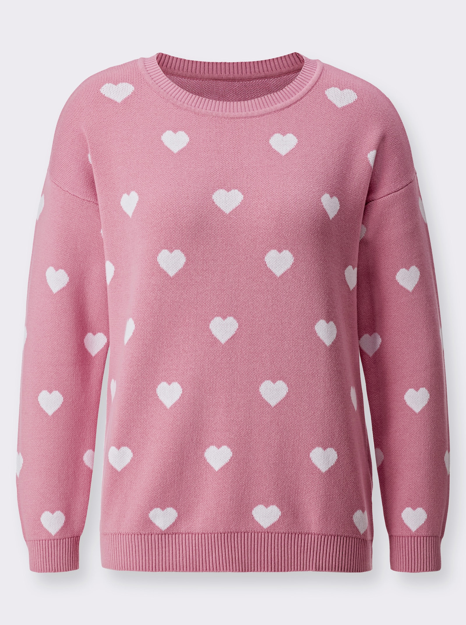 Långärmad tröja med hjärtmotiv - gammalrosa-vit-mönstrad