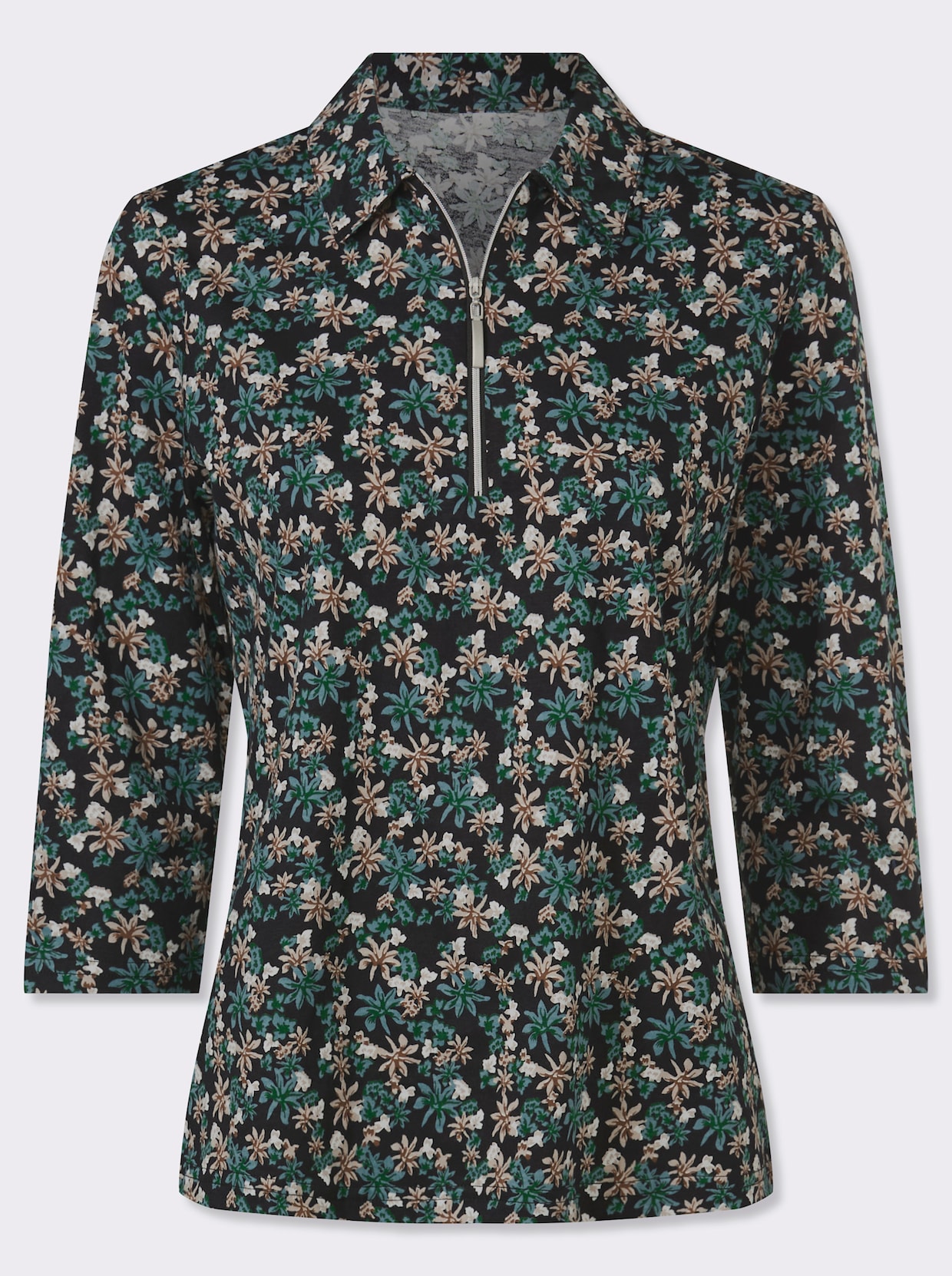 Poloshirt aus Baumwolle, geblümt - moos-sesam-bedruckt