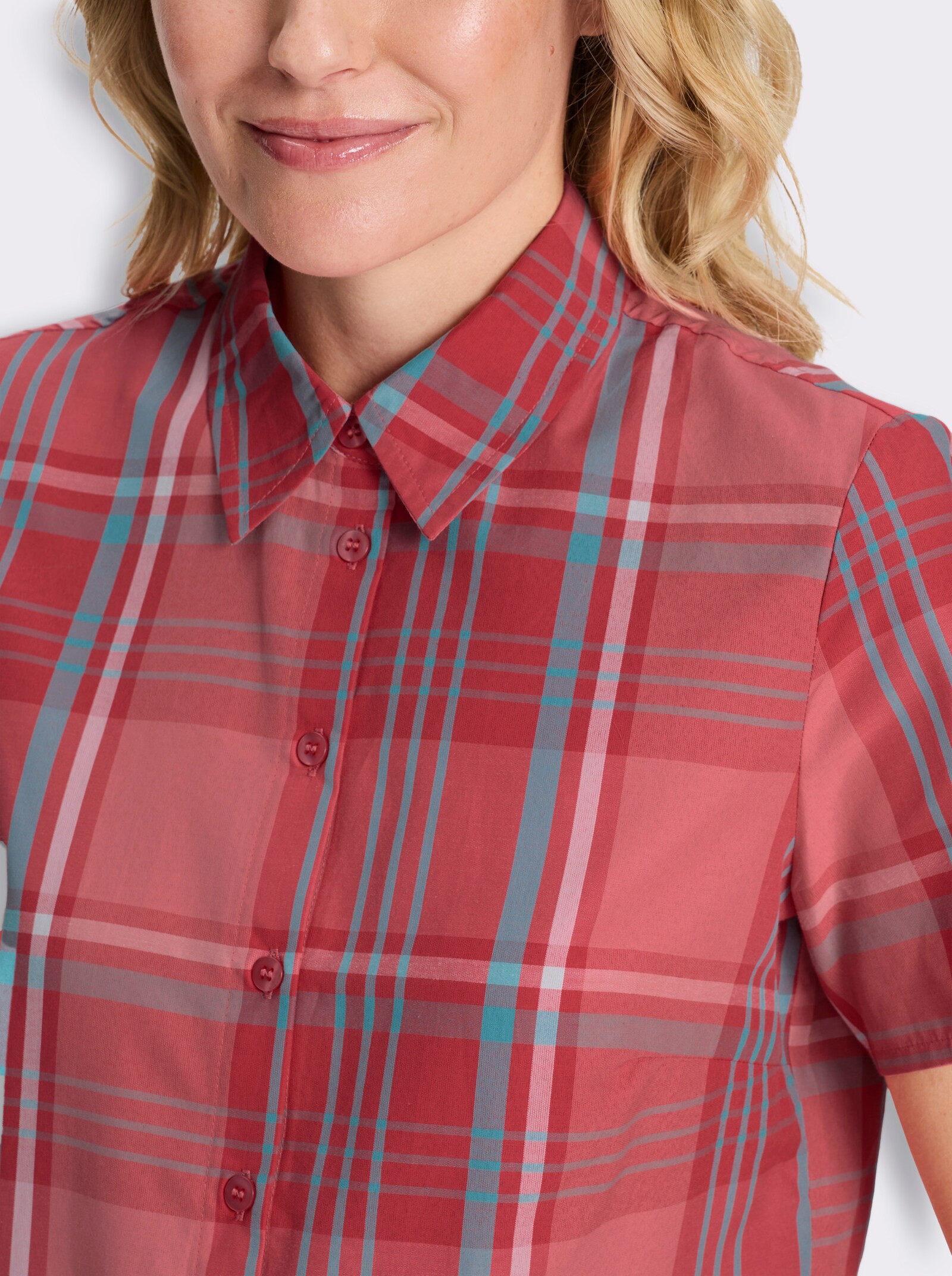 Kurzarm-Bluse - flamingo-ecru-kariert