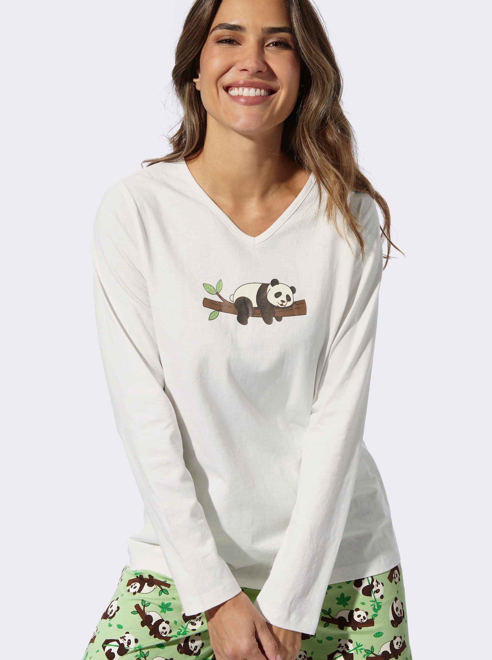 Schlafanzug mit Panda-Motiv - ecru-apfel-bedruckt