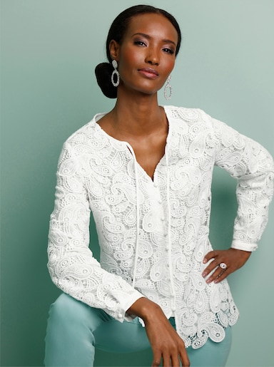 Spitzenbluse , blickdicht durch Baumwollfutter - ecru