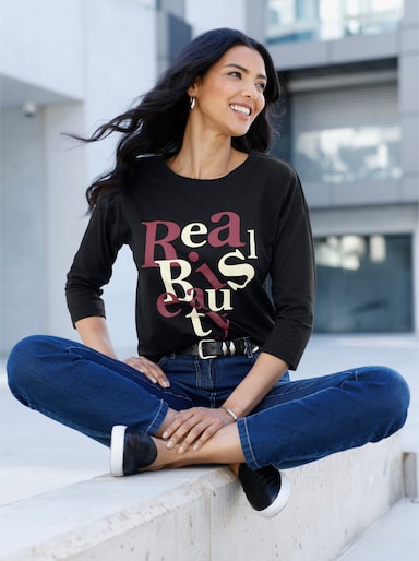 3/4-Arm-Shirt mit Schriftzug im Vorderteil - schwarz-bordeaux