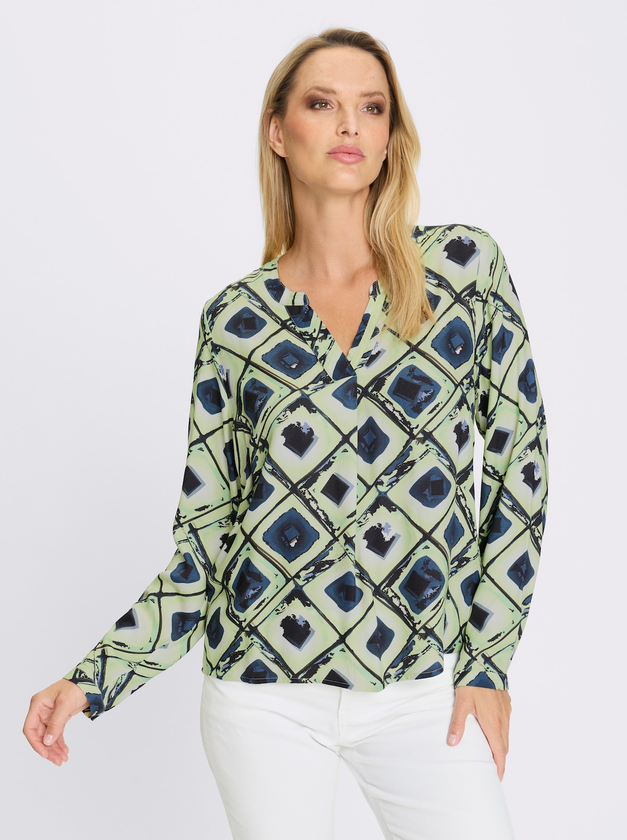 heine Druckbluse - dunkelblau-reseda-bedruckt
