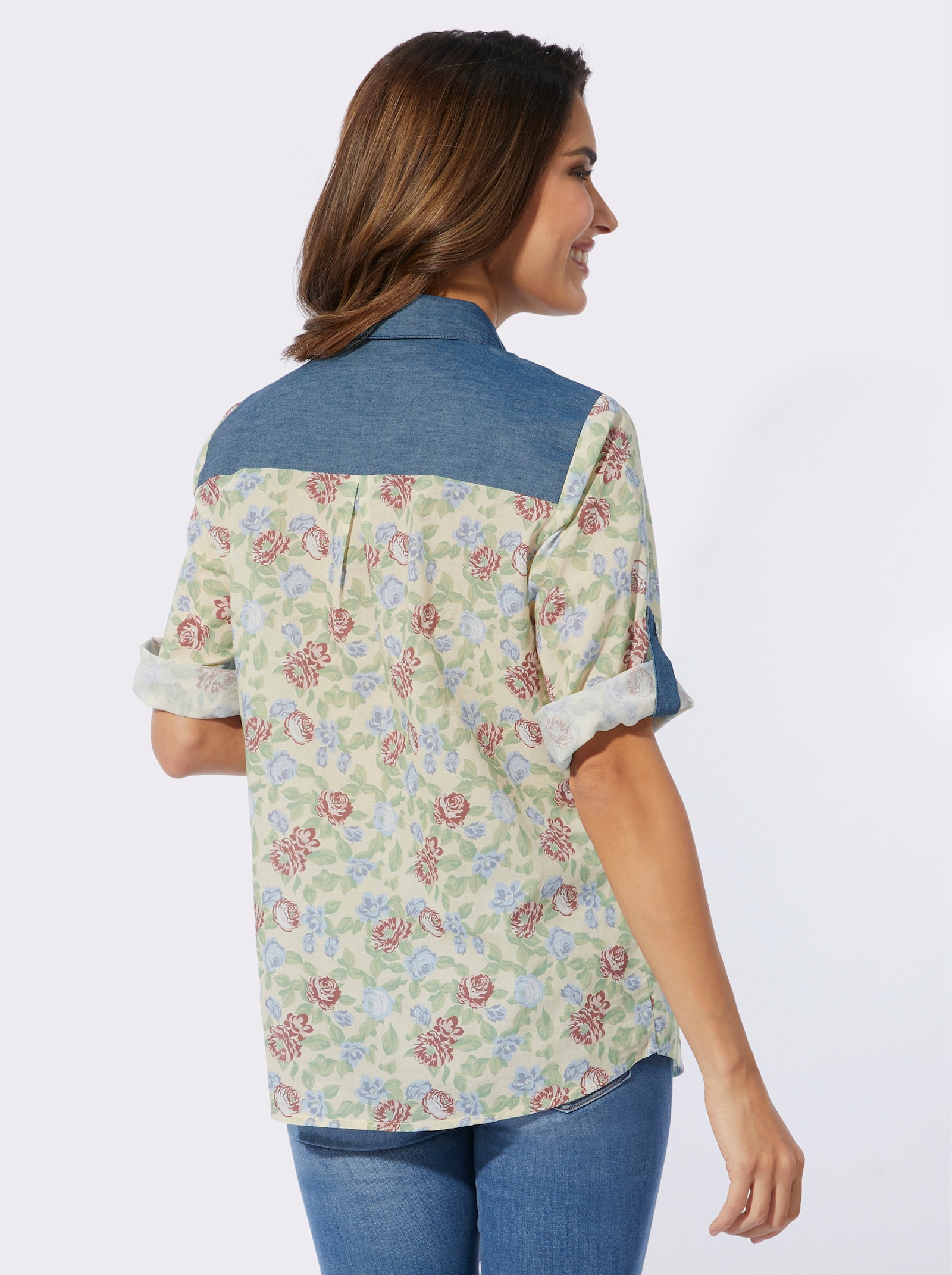 Blouse met print met jeansaccenten - vanille/lindegroen bedrukt
