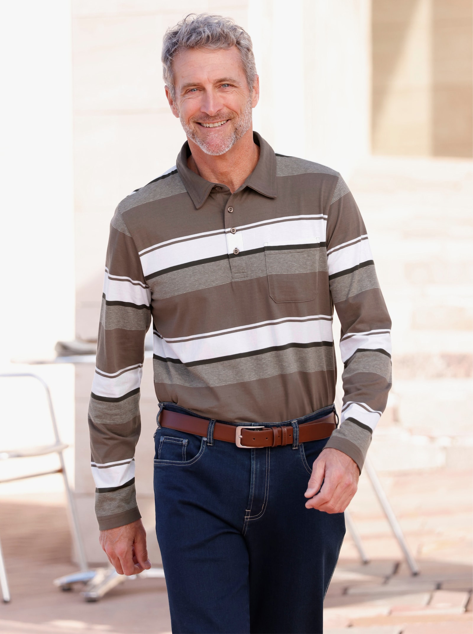 Marco Donati Langarmshirt im Streifen-Dessin allover - dunkeltaupe-gestreift