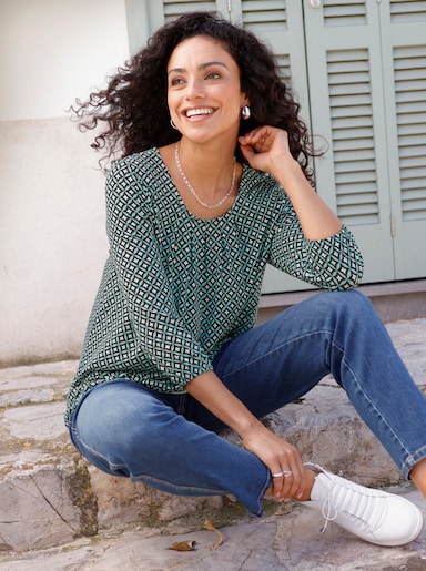 3/4-Arm-Shirt mit Gummizug am Ärmel - salbei-graphit-bedruckt