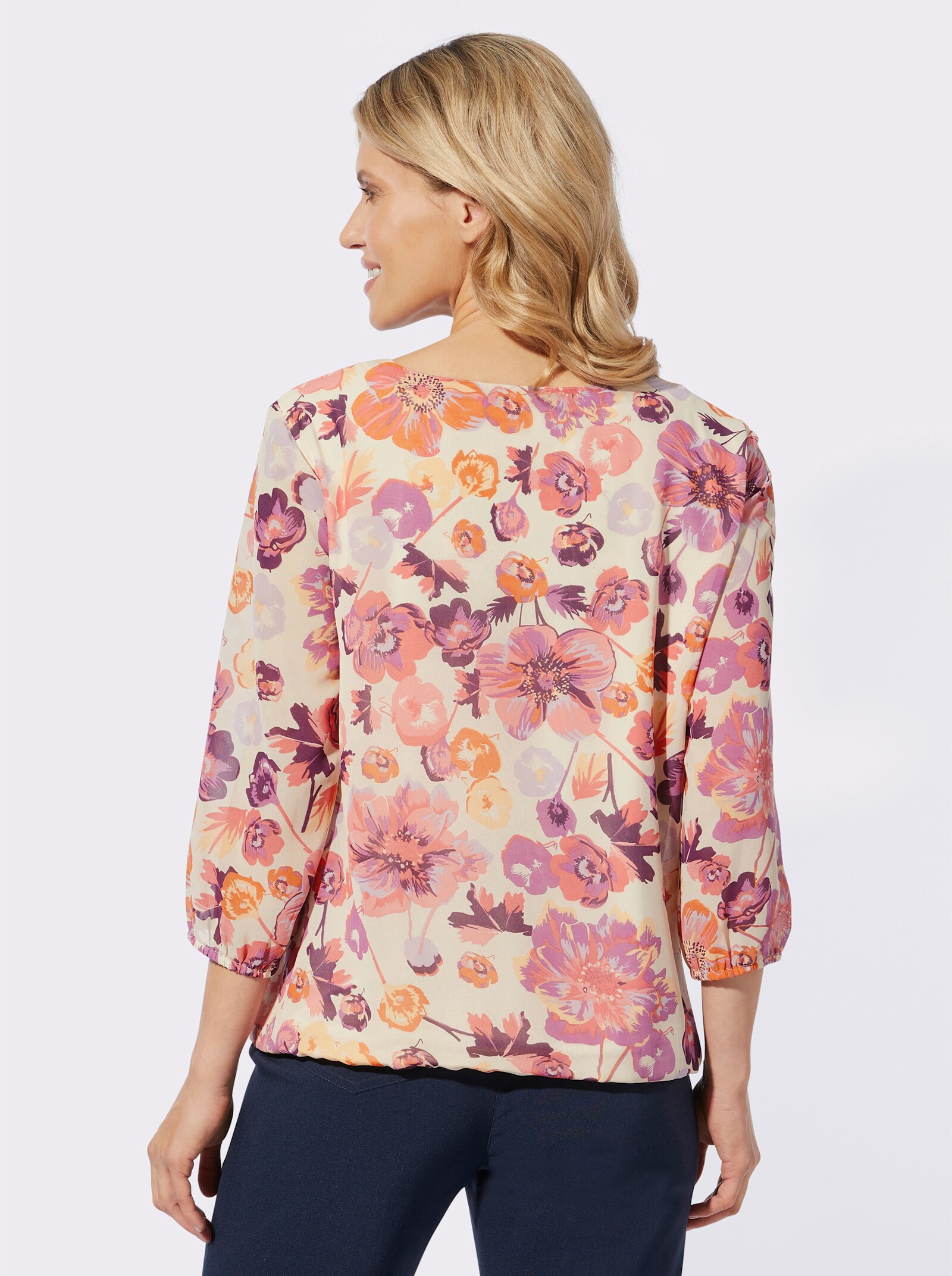 Schlupfbluse in Georgette-Qualität - elfenbein-flamingo-bedruckt