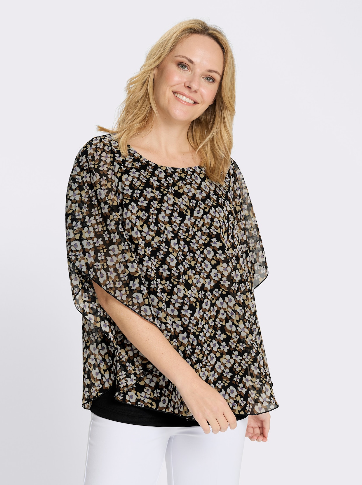 Schlupfbluse im Lagenlook - schwarz-braun-bedruckt