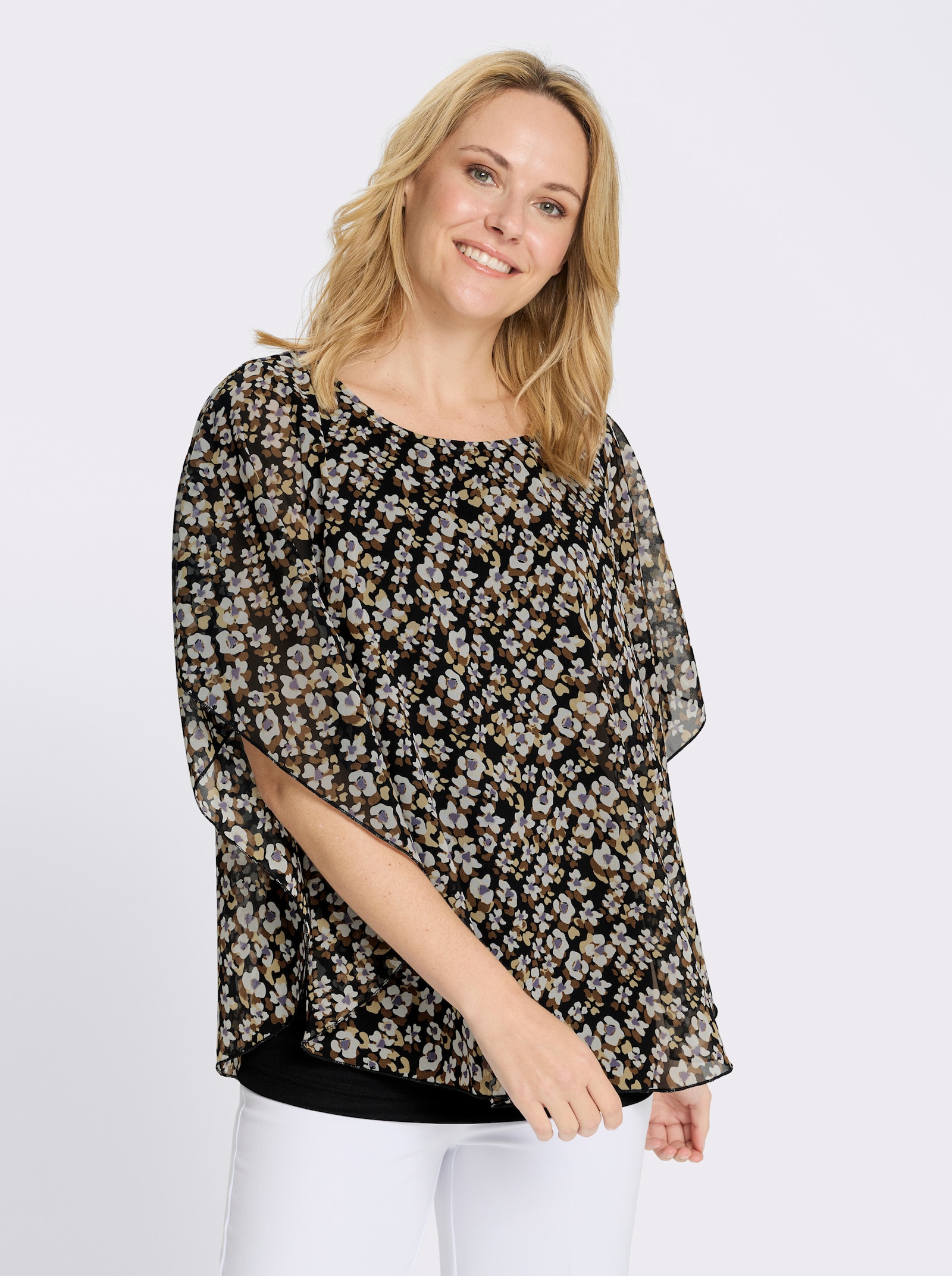 Schlupfbluse im Lagenlook - schwarz-braun-bedruckt