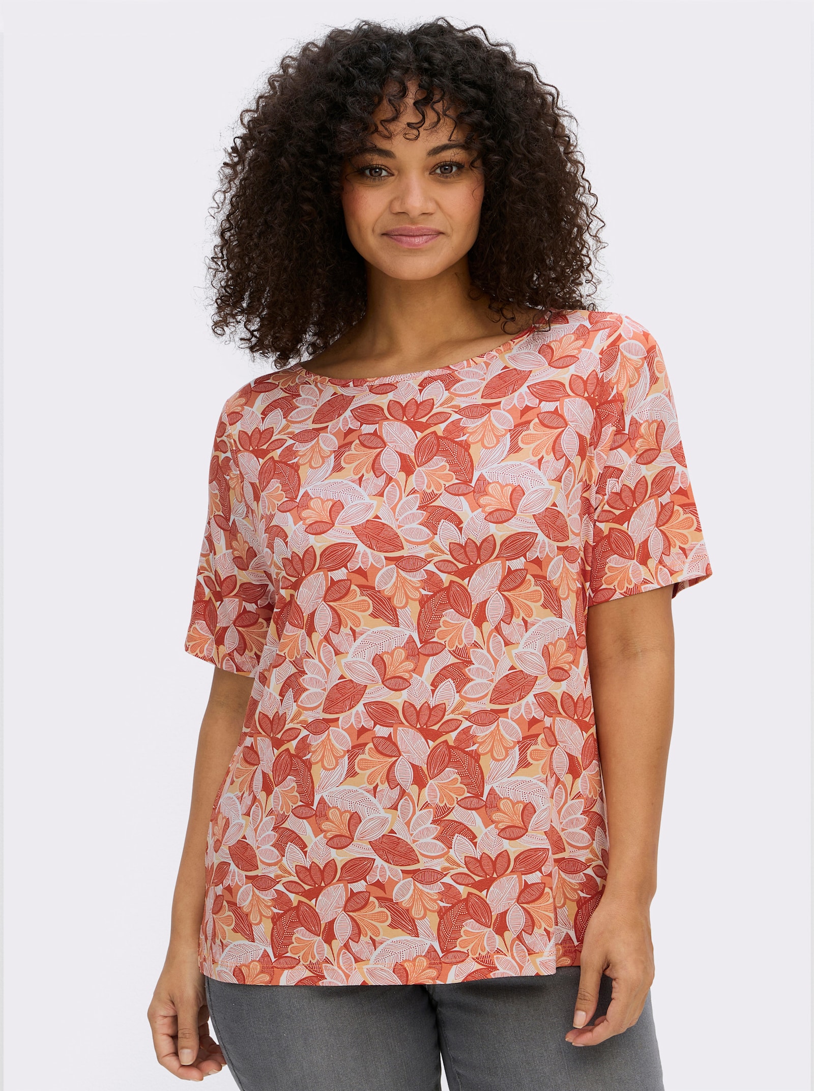 Print-Shirt mit paspeliertem U-Boot-Ausschnitt - papaya-apricot-bedruckt