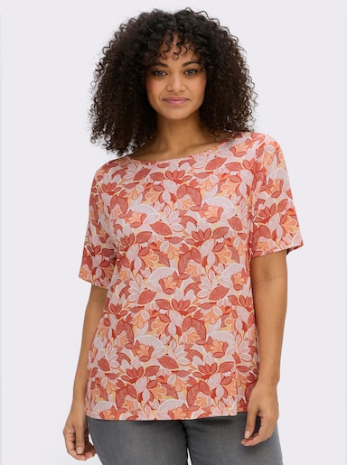 Print-Shirt mit paspeliertem U-Boot-Ausschnitt - papaya-apricot-bedruckt