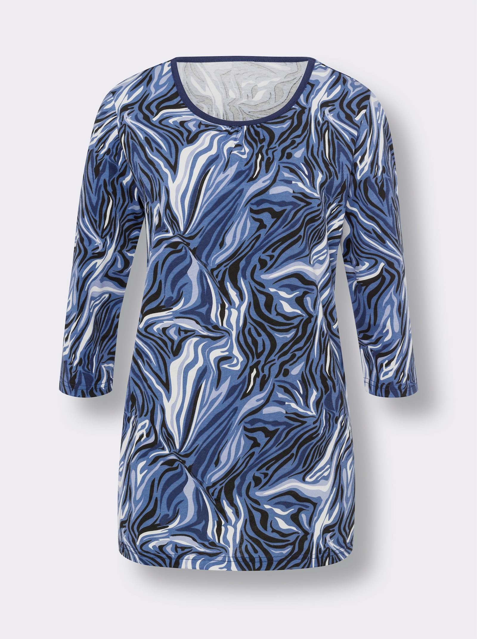 Longshirt mit Raffung am Ausschnitt - dunkelblau-ecru-bedruckt