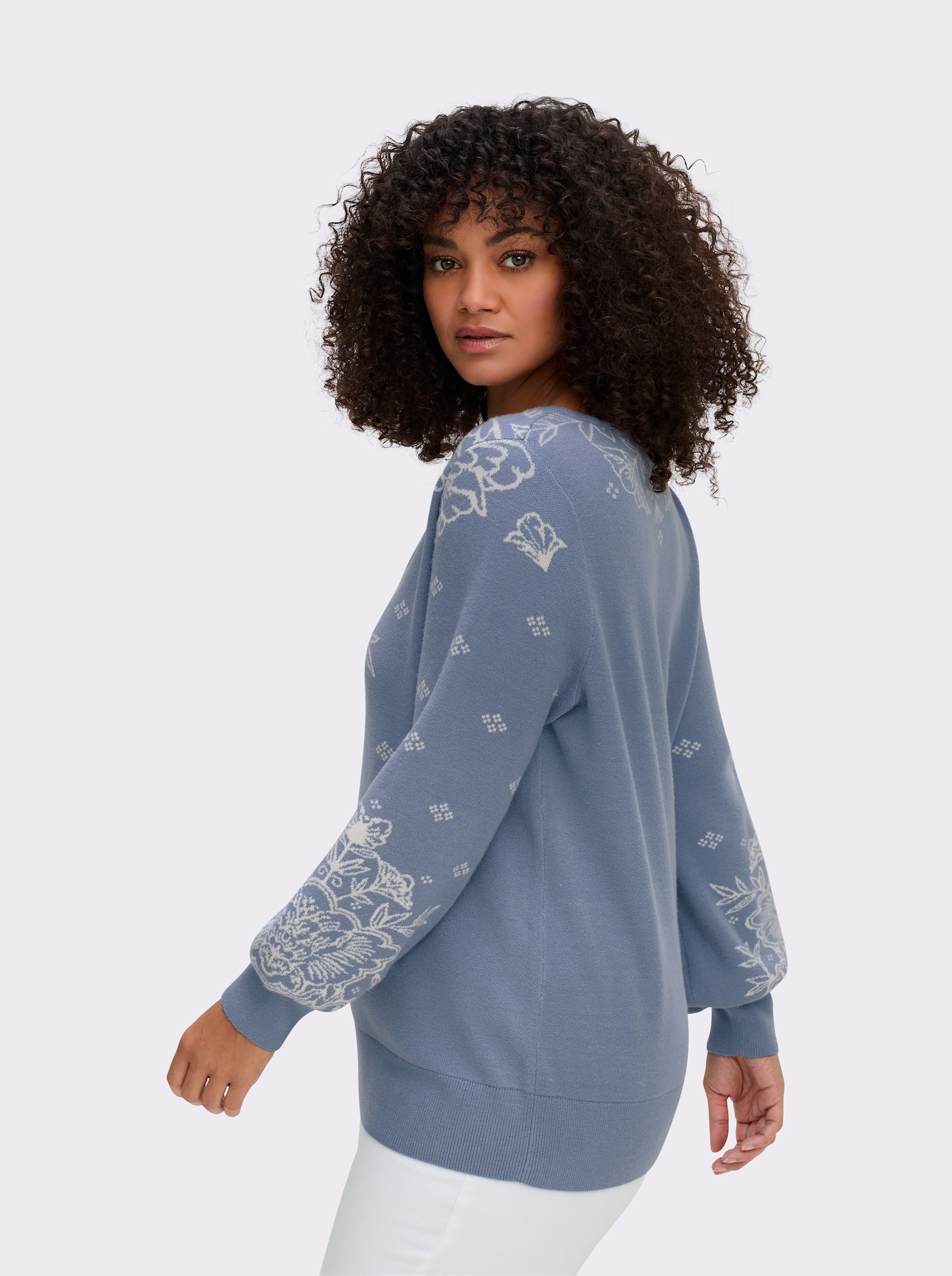 sheego by Joe Browns Jacquardpullover mit Blüten - taubenblau-champagner-gemustert