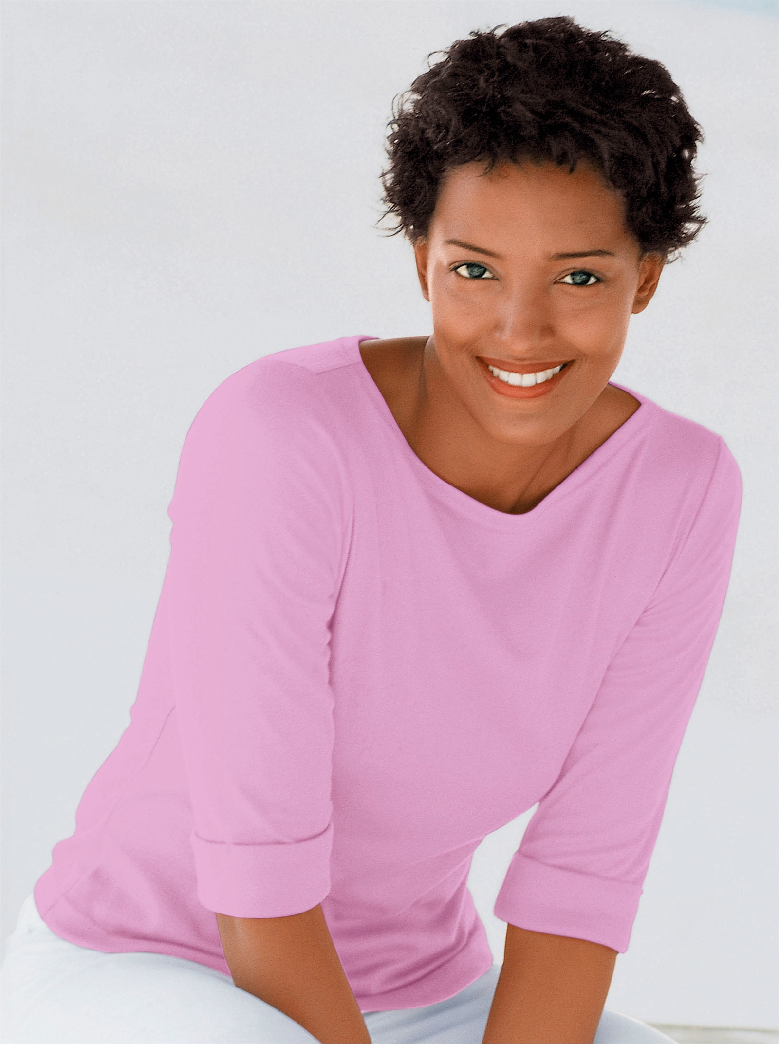 Rundhalsshirt mit 3/4-langen Ärmeln - rosé