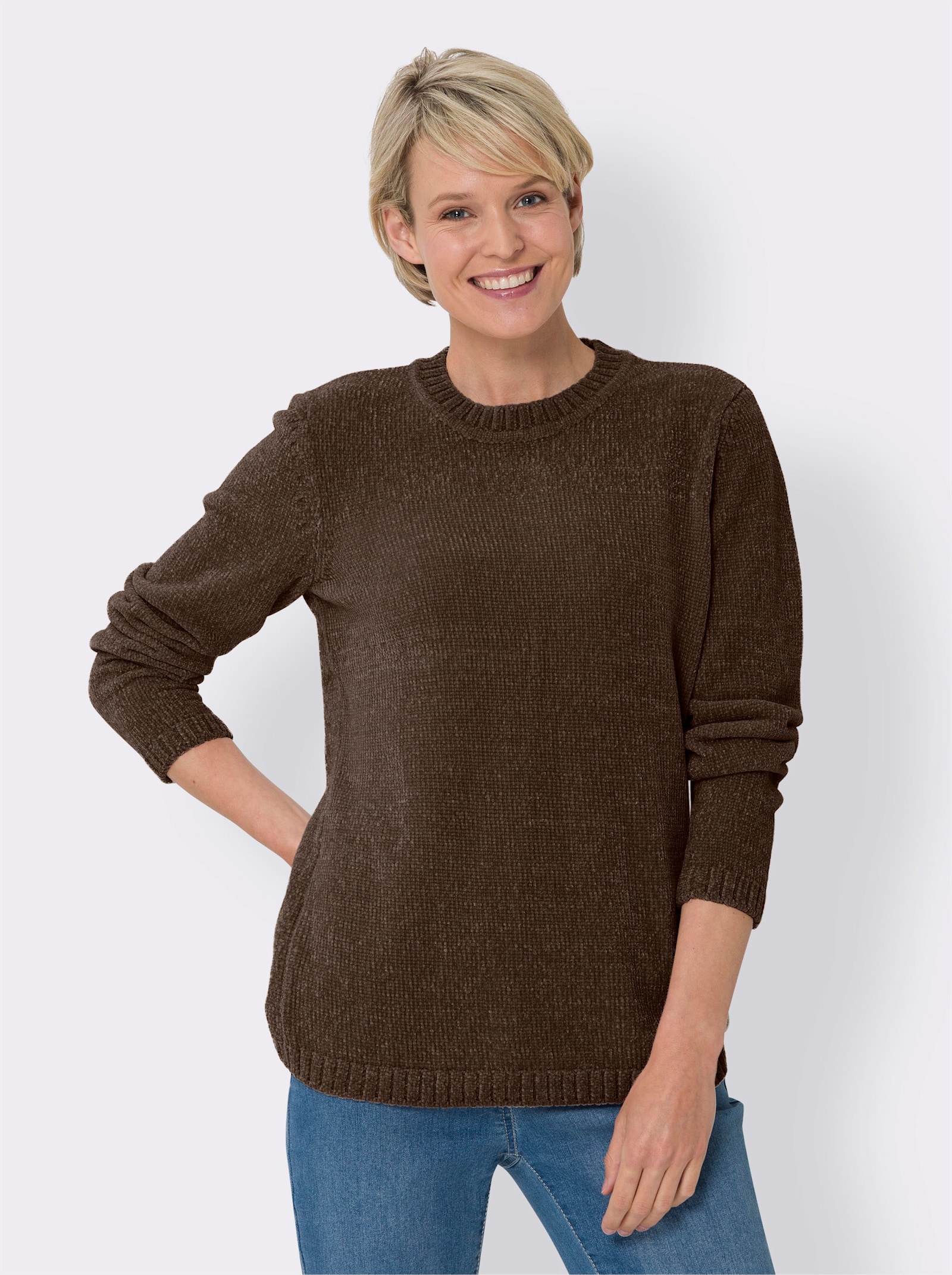 Pullover met lange mouwen in chenille - chocolade