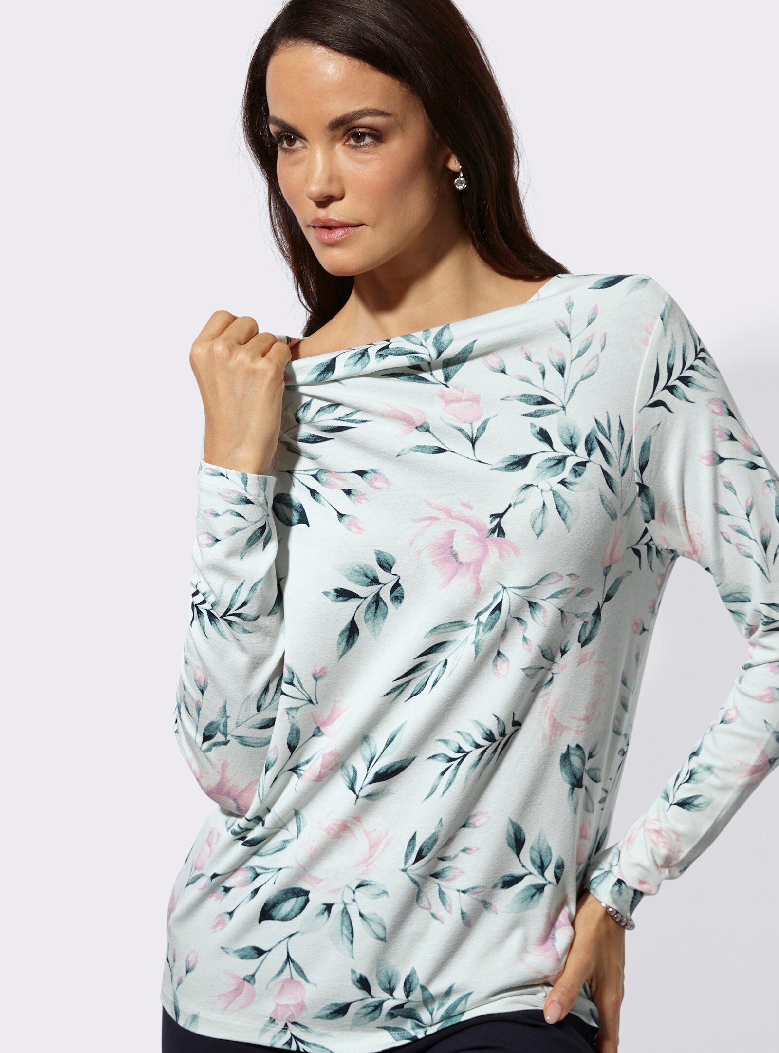 Langarmshirt mit Wasserfall-Ausschnitt - kalkmint-aquapetrol-bedruckt