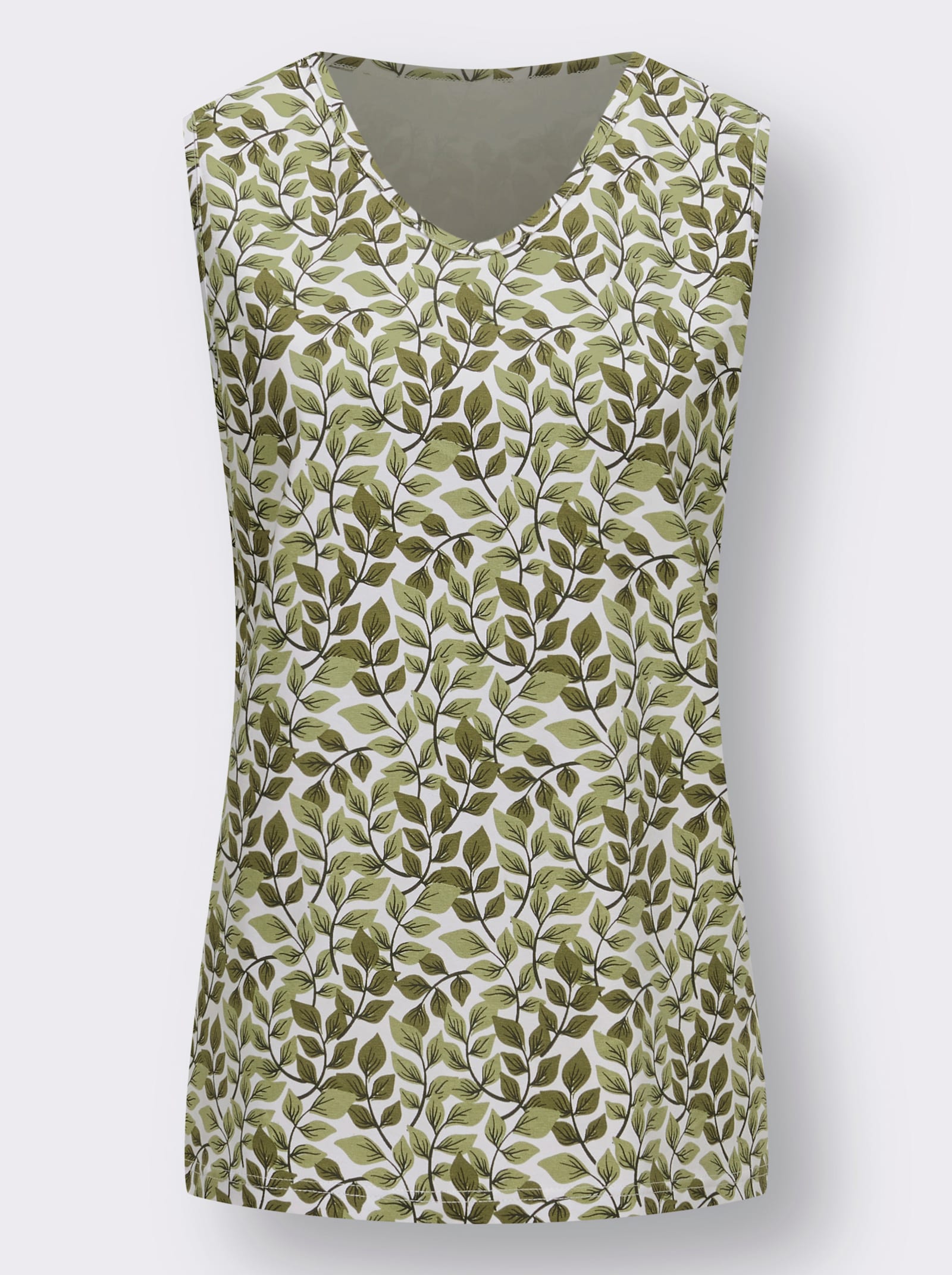 Linne i bladmönster - ecru-oliv, med tryck