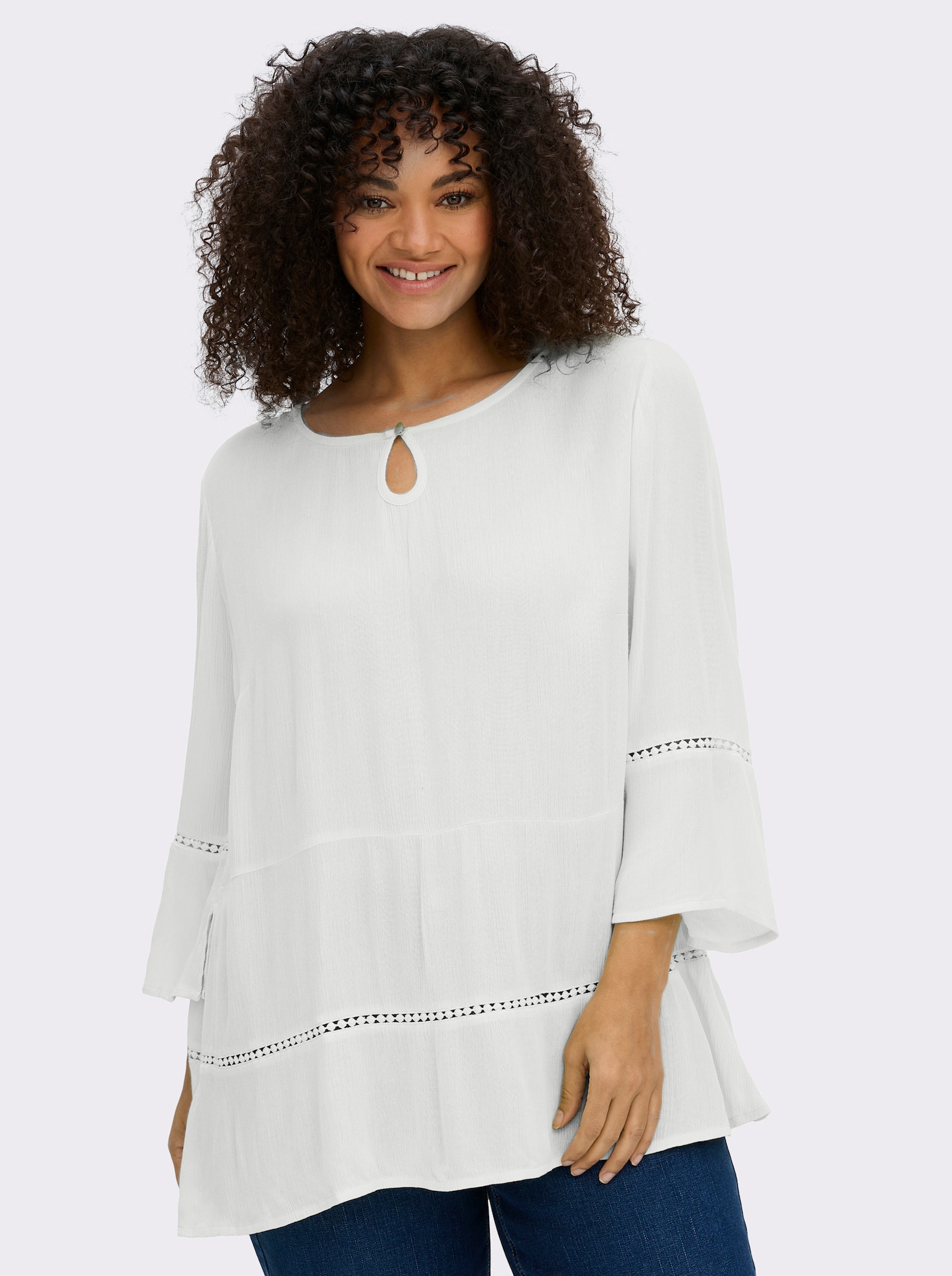 sheego Tunika mit 3/4-Arm und Lochmusterborte - ecru
