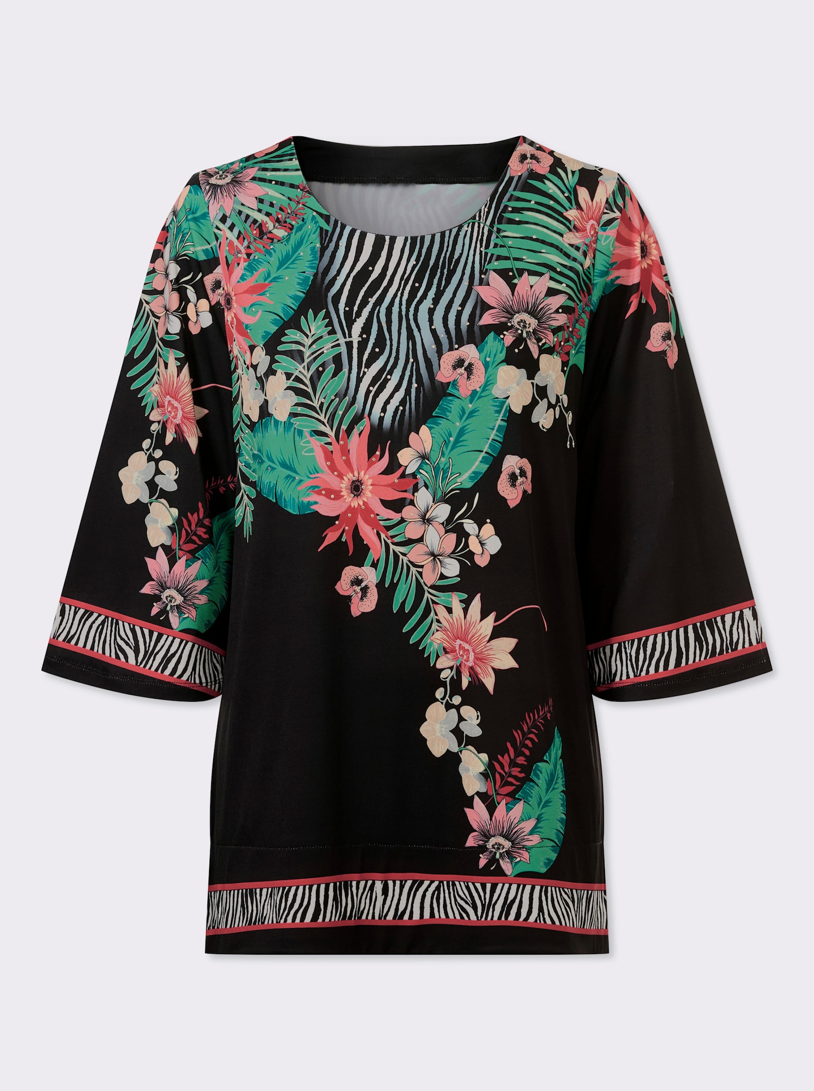 Tunikashirt mit Pailletten - schwarz-flamingo-bedruckt