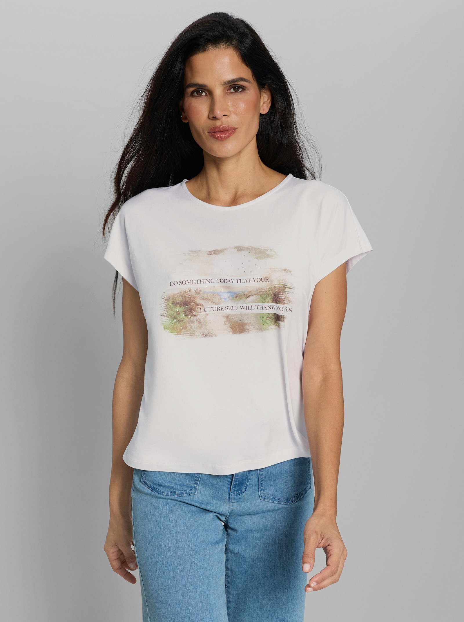 heine Kurzarmshirt mit Ziersteinchen - weiß-sand