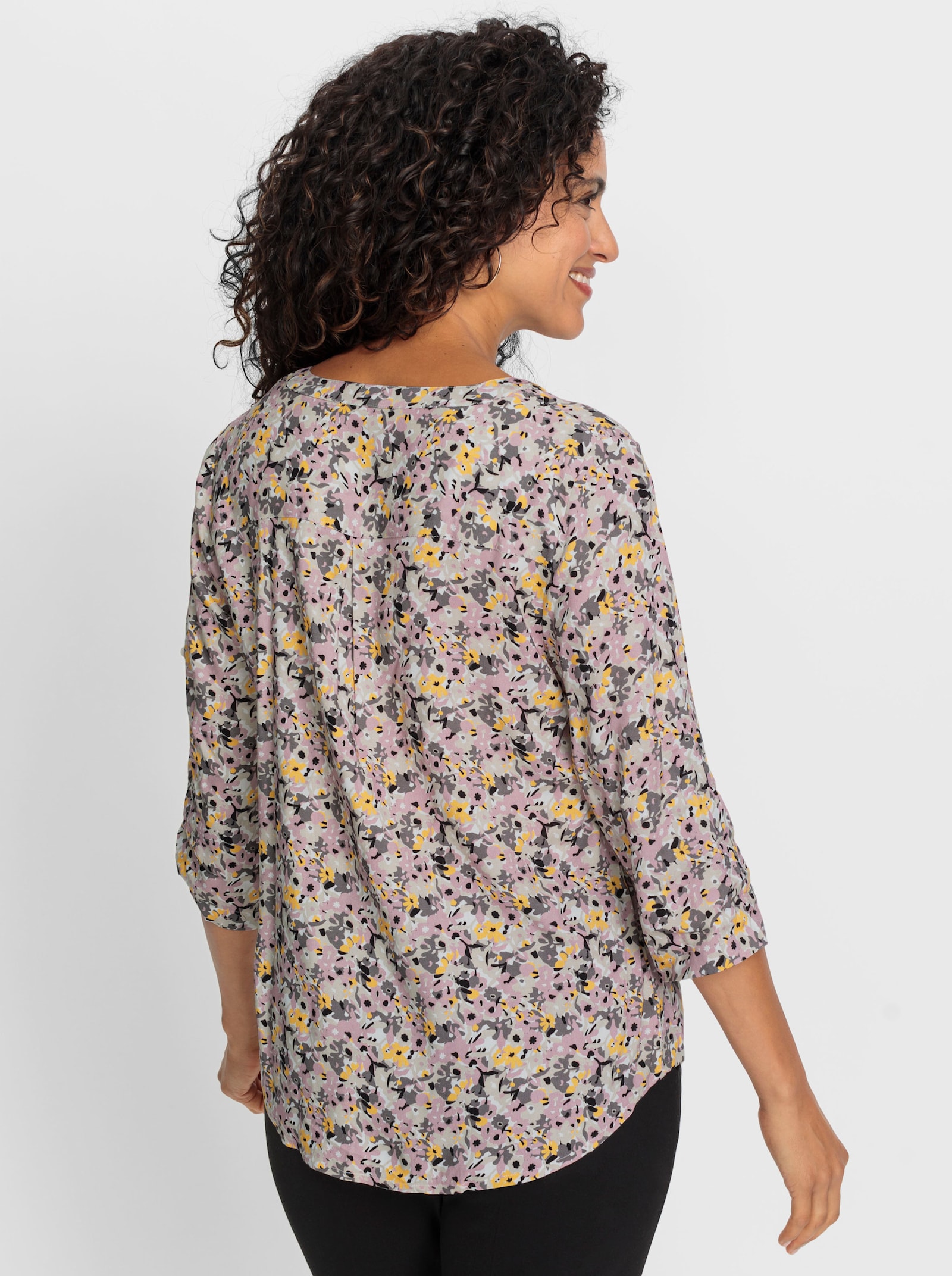 Druckbluse mit Krempelärmeln - hortensie-gelb-bedruckt