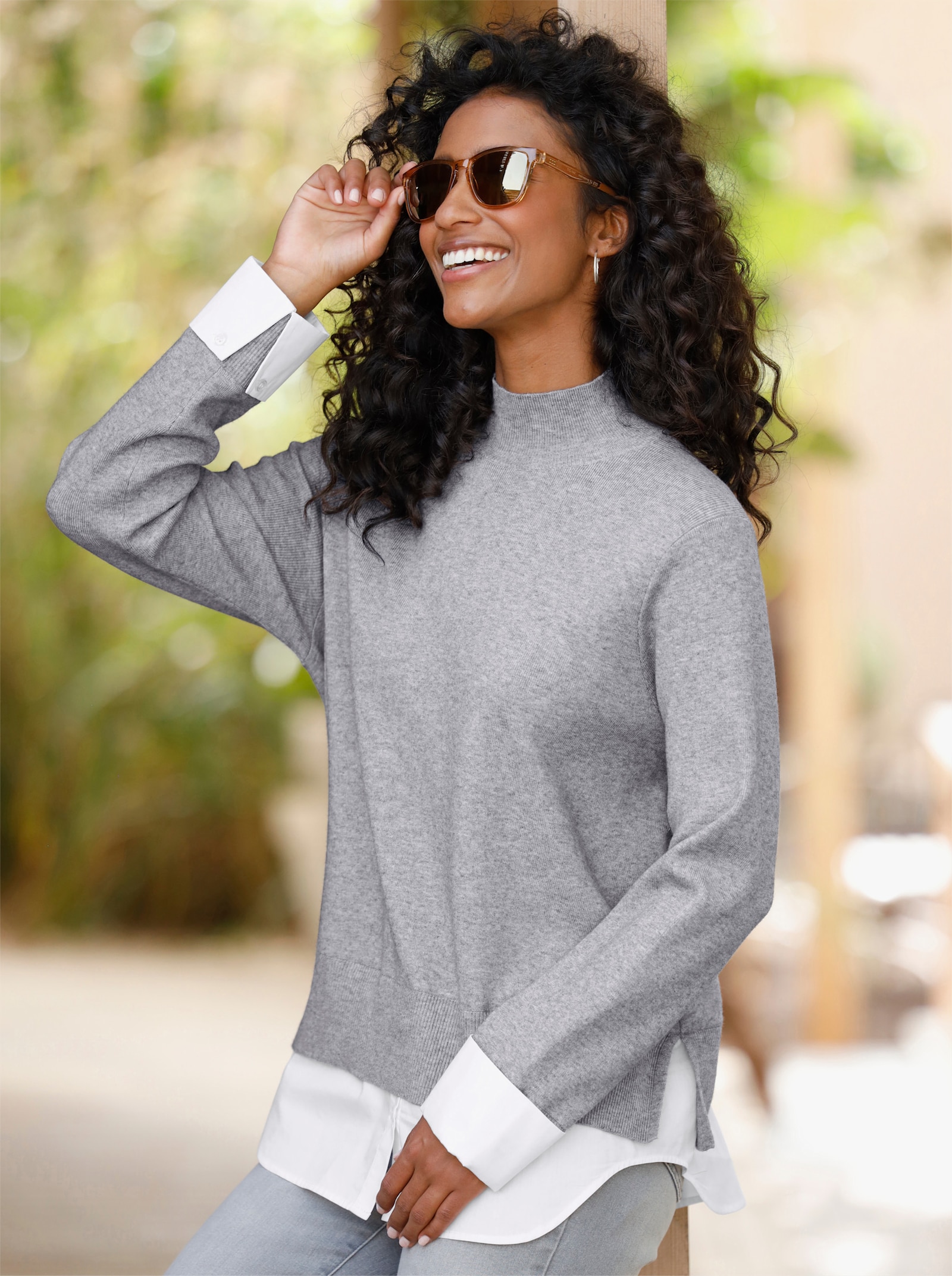 heine Feinstrickpullover in 2-in-1-Optik - grau-meliert