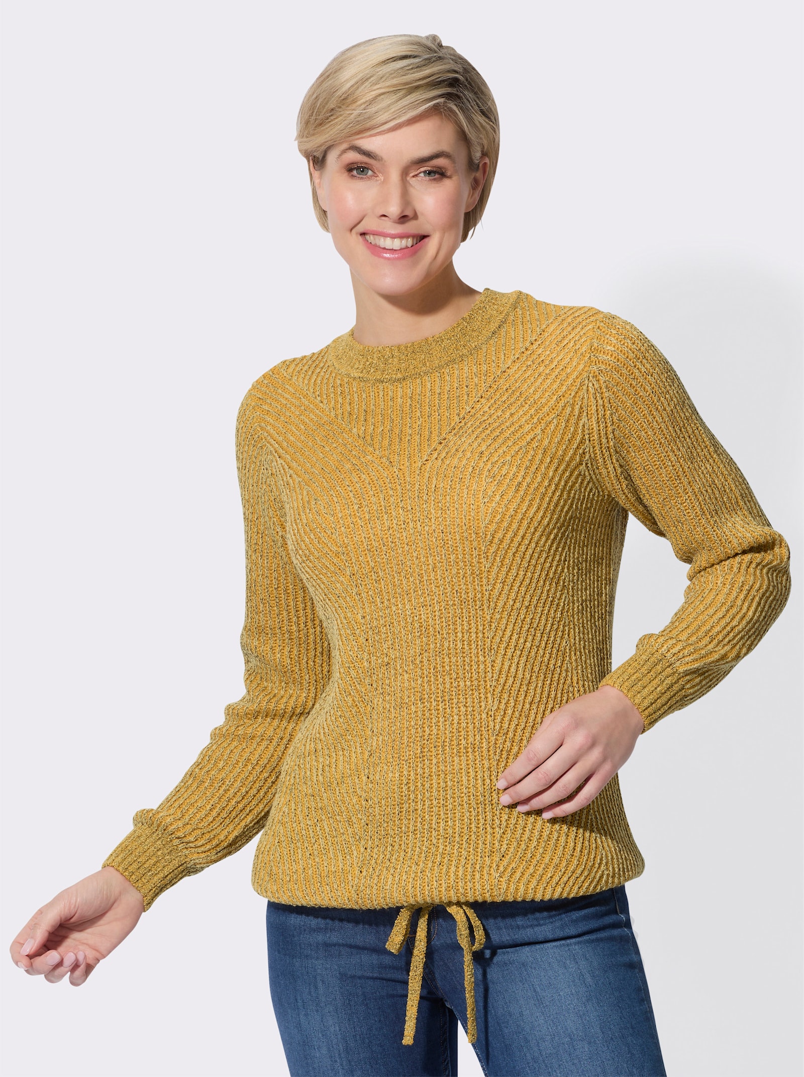 Bouclé-Pullover in Strickstruktur - ocker-gelb-meliert