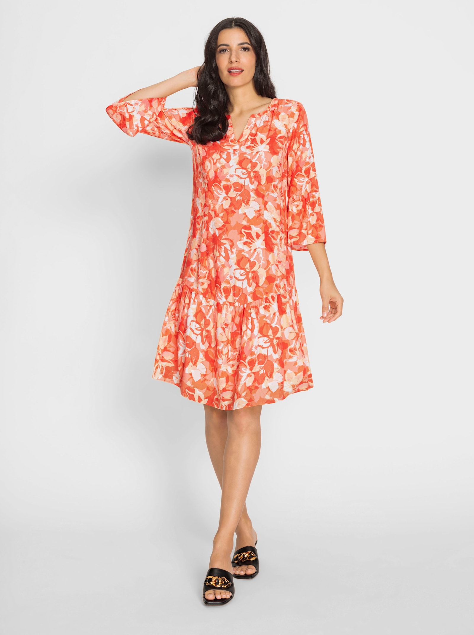 heine Druckkleid mit seitlichem Reißverschluss - orange-ecru-bedruckt