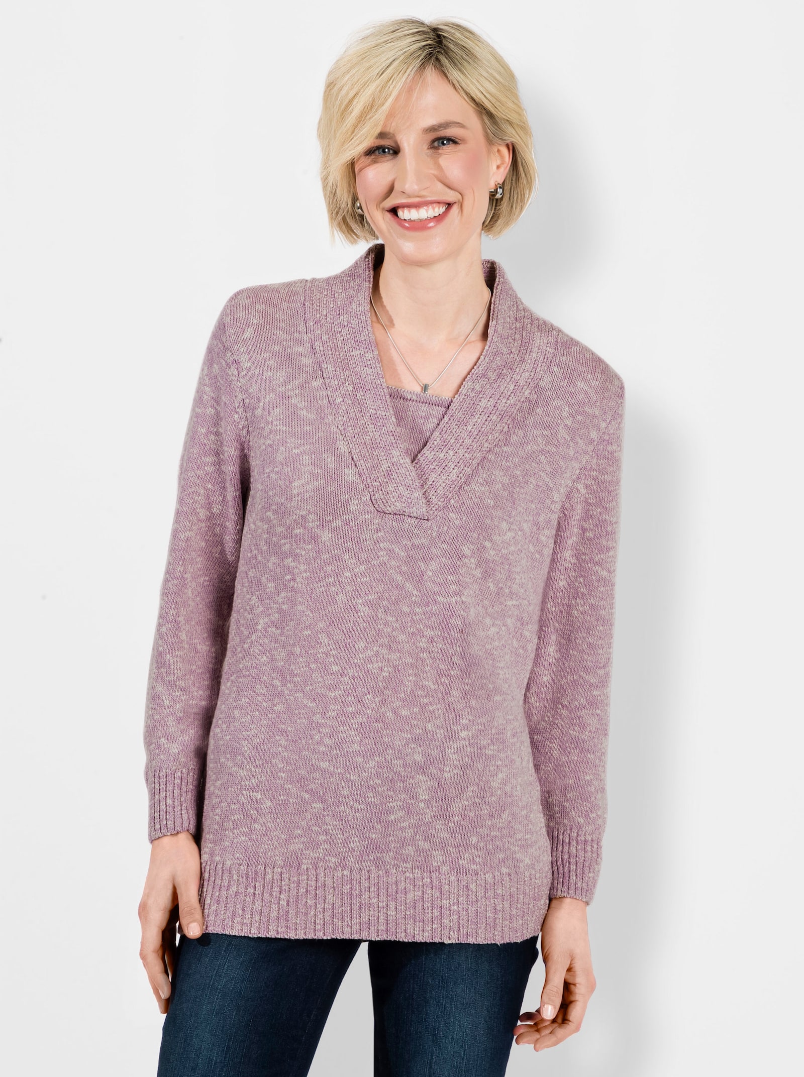 V-Ausschnitt-Pullover in 2-in-1-Optik - orchidee-meliert