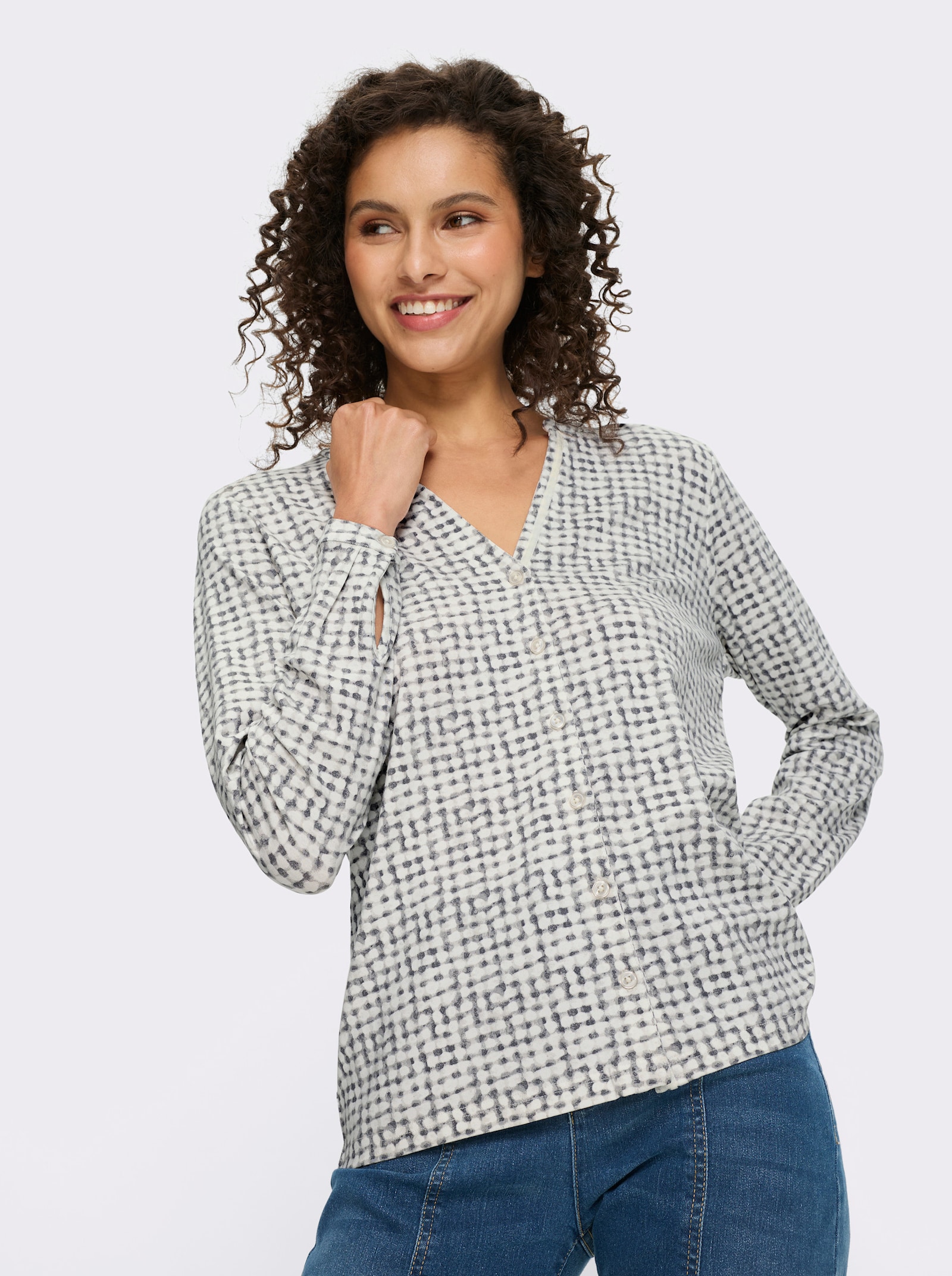 heine Jersey-Bluse mit verlängertem Rücken - ecru-hellgrau-bedruckt