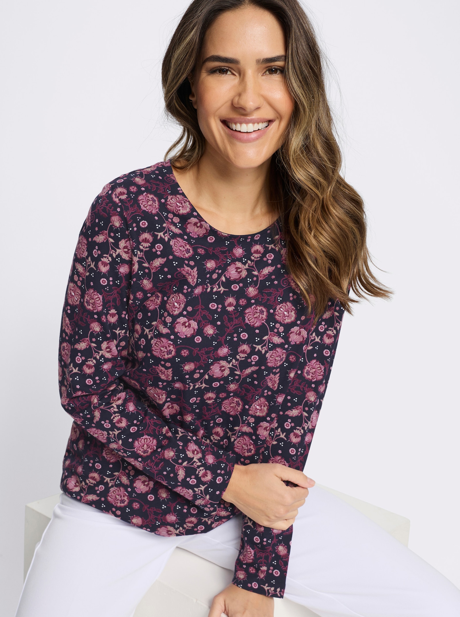 Langarmshirt aus reiner Baumwolle - marine-erika-bedruckt
