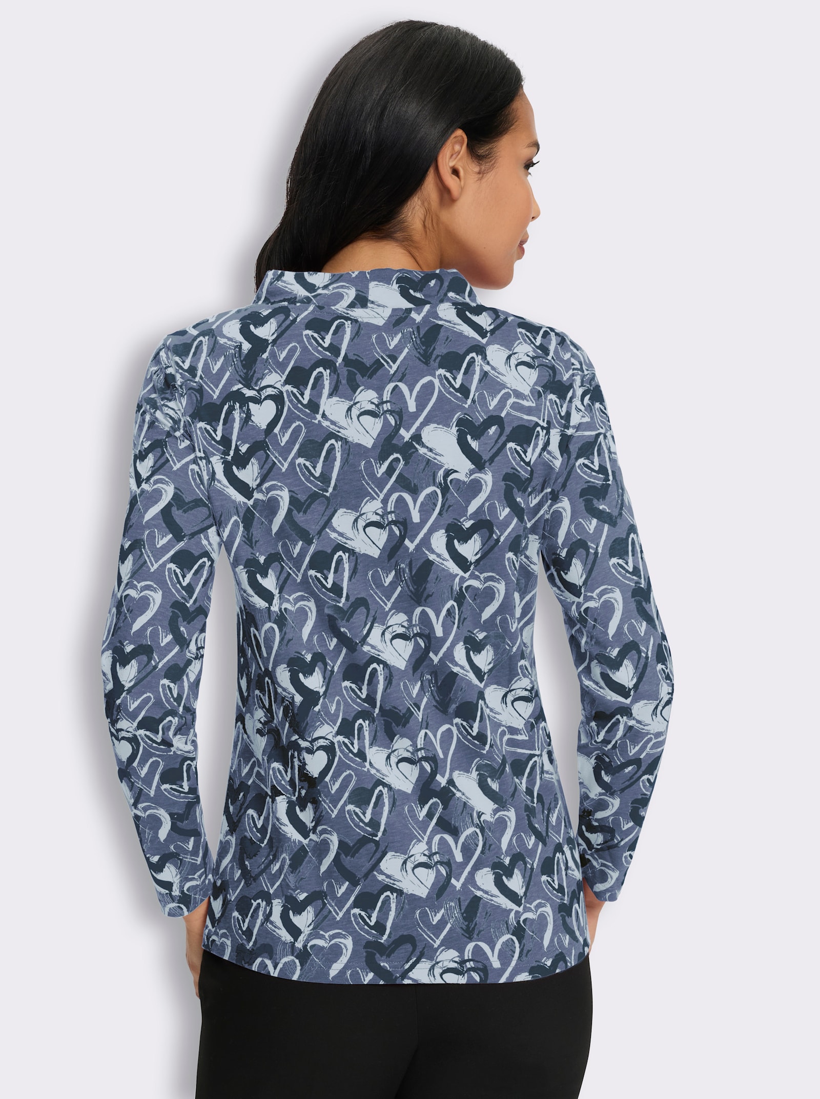 Stehkragenshirt im Herz-Dessin - taubenblau-dunkelblau-bedruckt