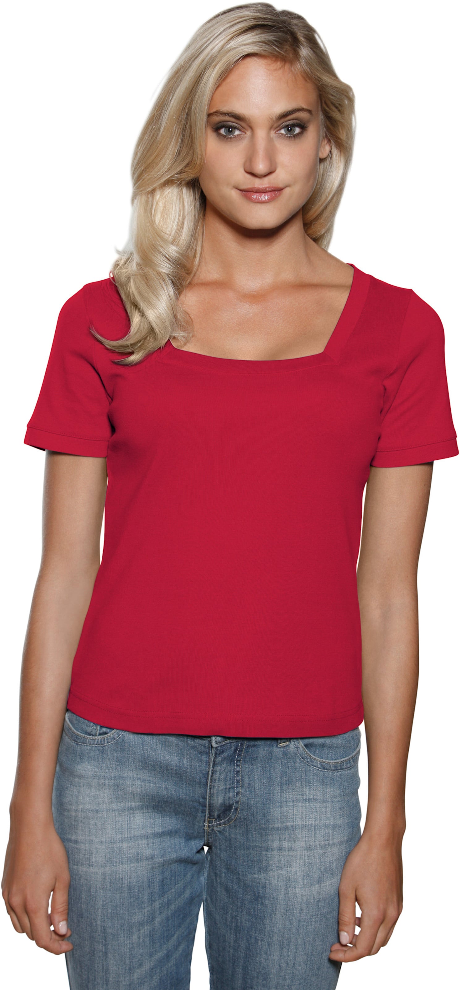 mit Figur günstig Kaufen-Carré-Shirt in rot von heine. Carré-Shirt in rot von heine <![CDATA[Carré-Shirt Mit großzügigem Ausschnitt. Aus trageangenehmer, feiner Rippenware. Figurbetonte Form.]]>. 