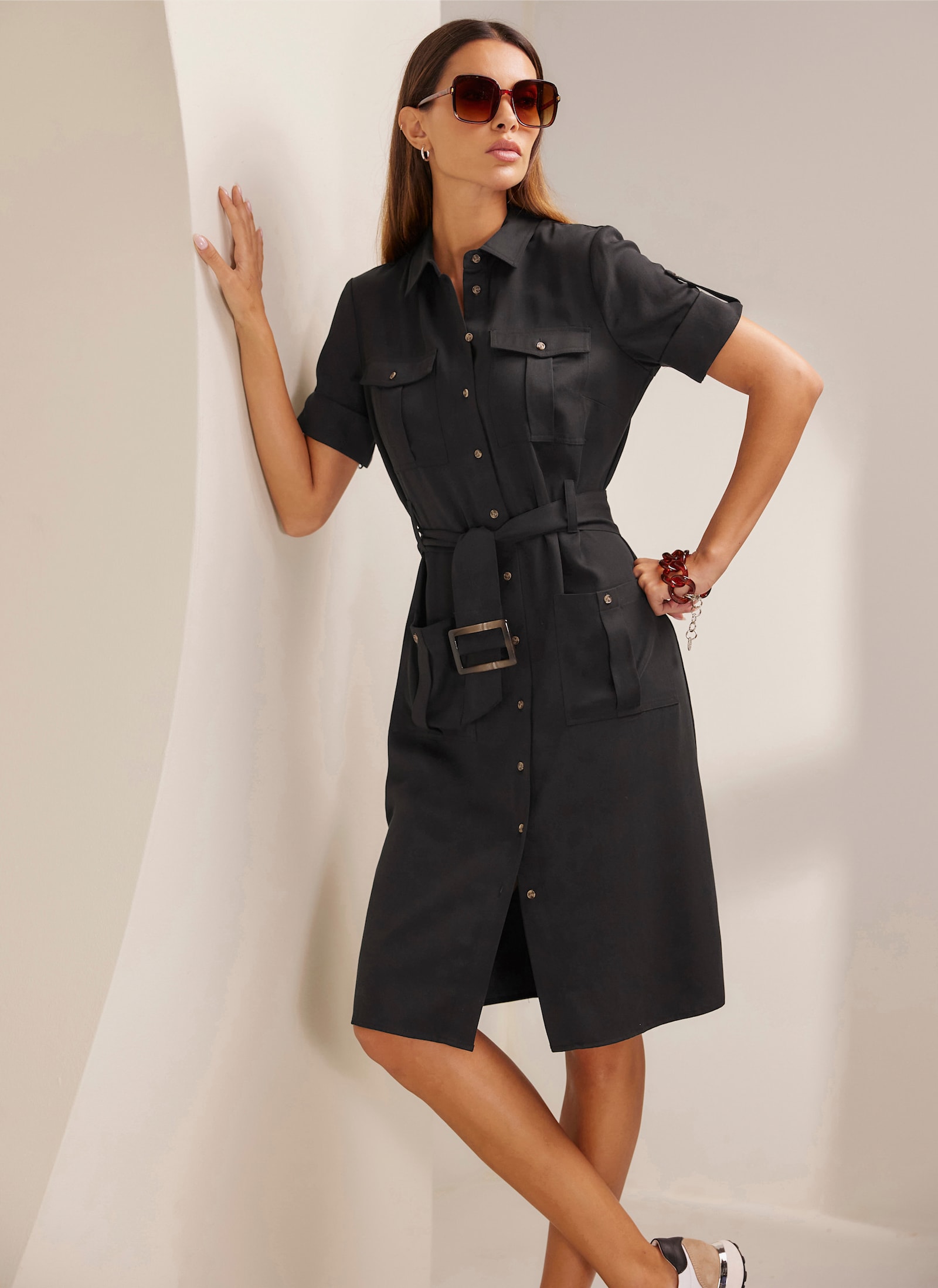 heine Hemdblusenkleid mit Stoffgürtel - schwarz