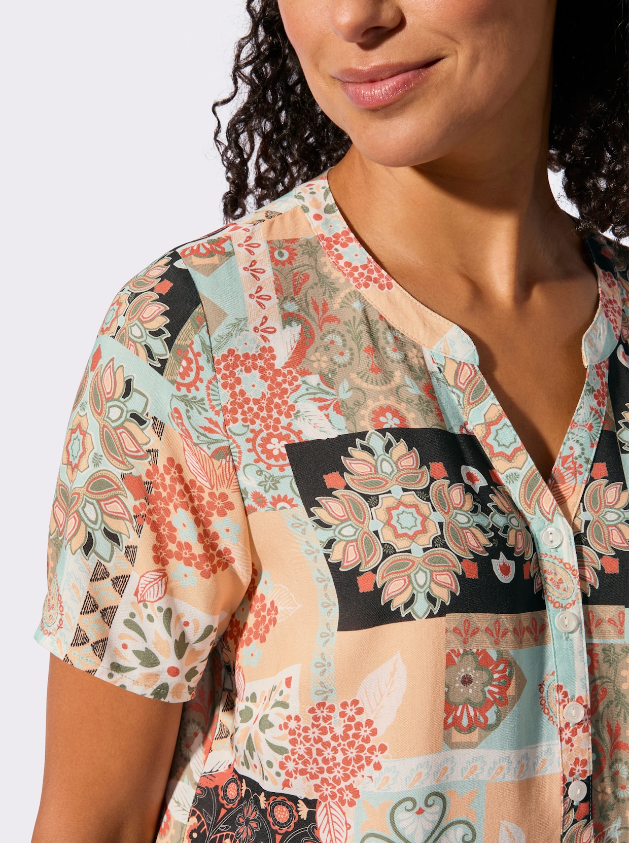 Kurzarm-Bluse - mint-apricot-bedruckt